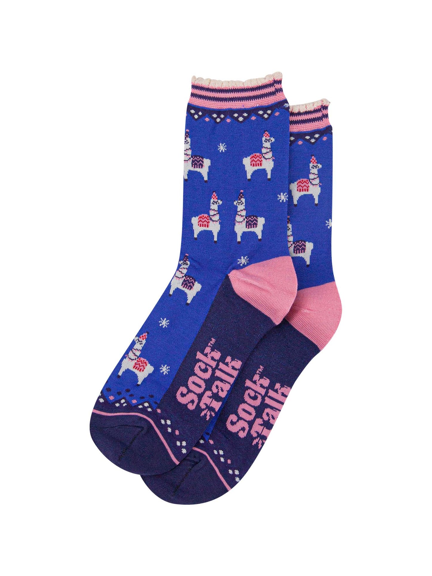 red bamboo socks with a navy striped cuff featuring a pattern of llamas wearing party hats and party lights