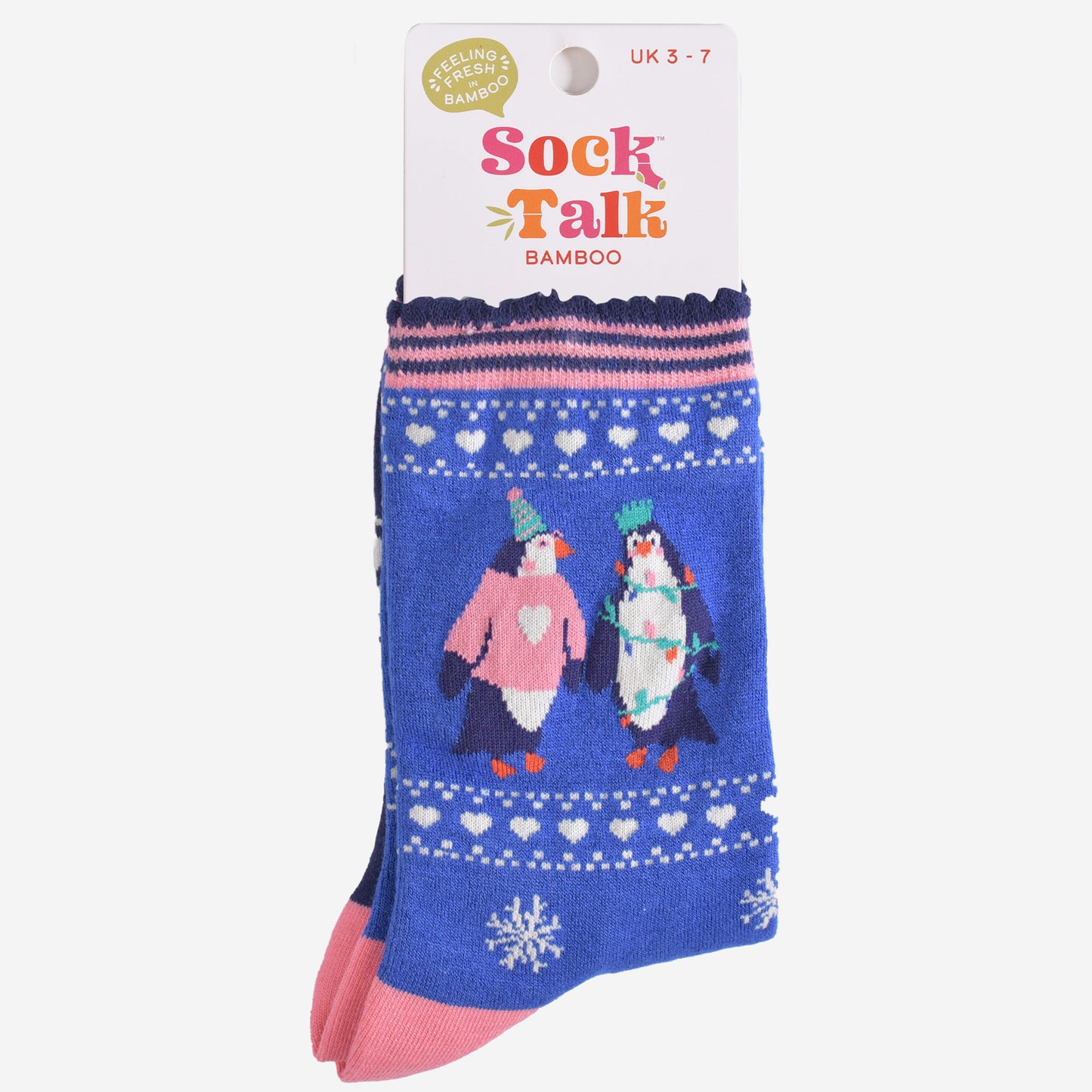 party penguin bamboo socks in their sock talk packaging, these socks are a uk size 3-7