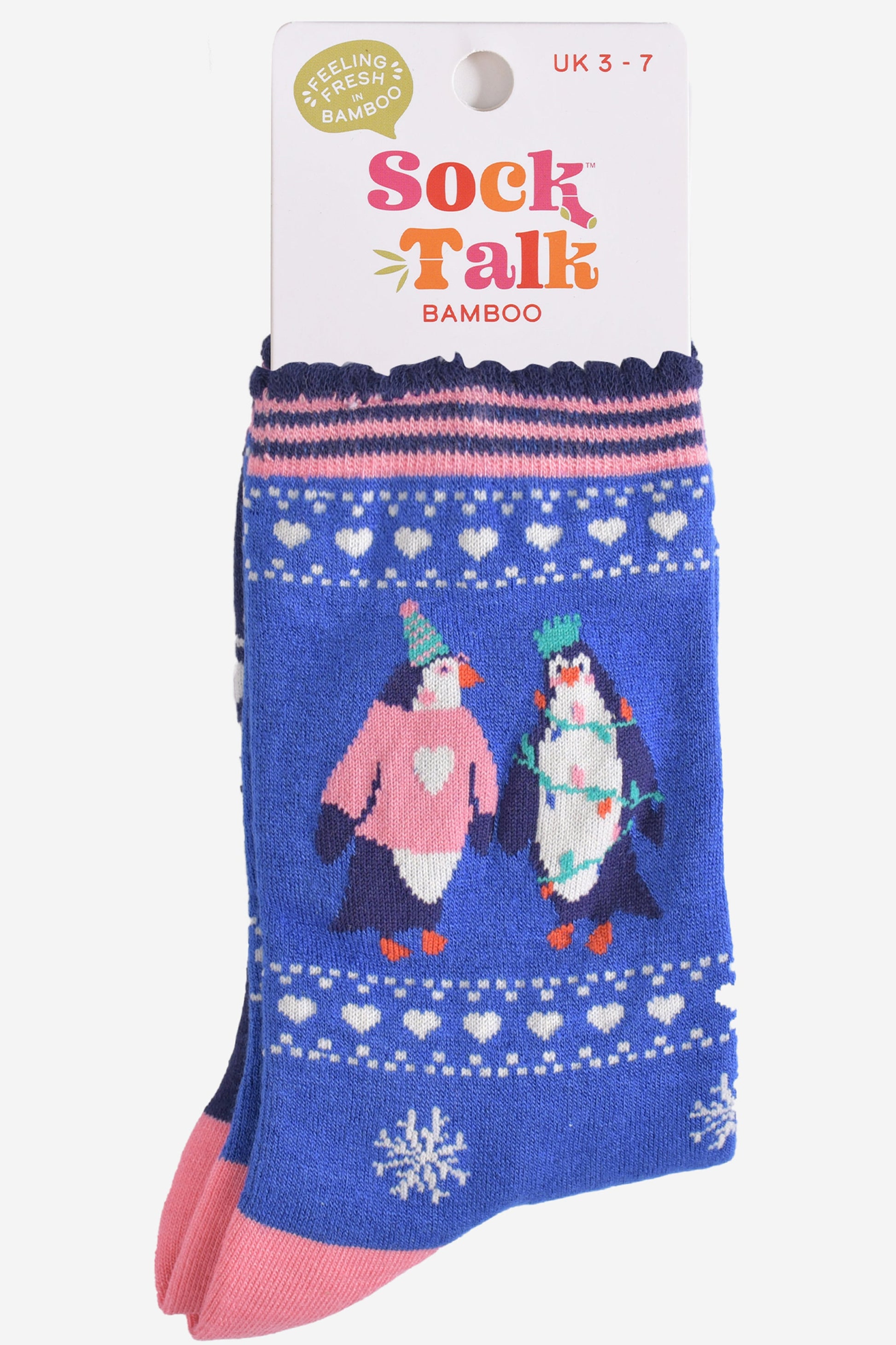 party penguin bamboo socks in their sock talk packaging, these socks are a uk size 3-7