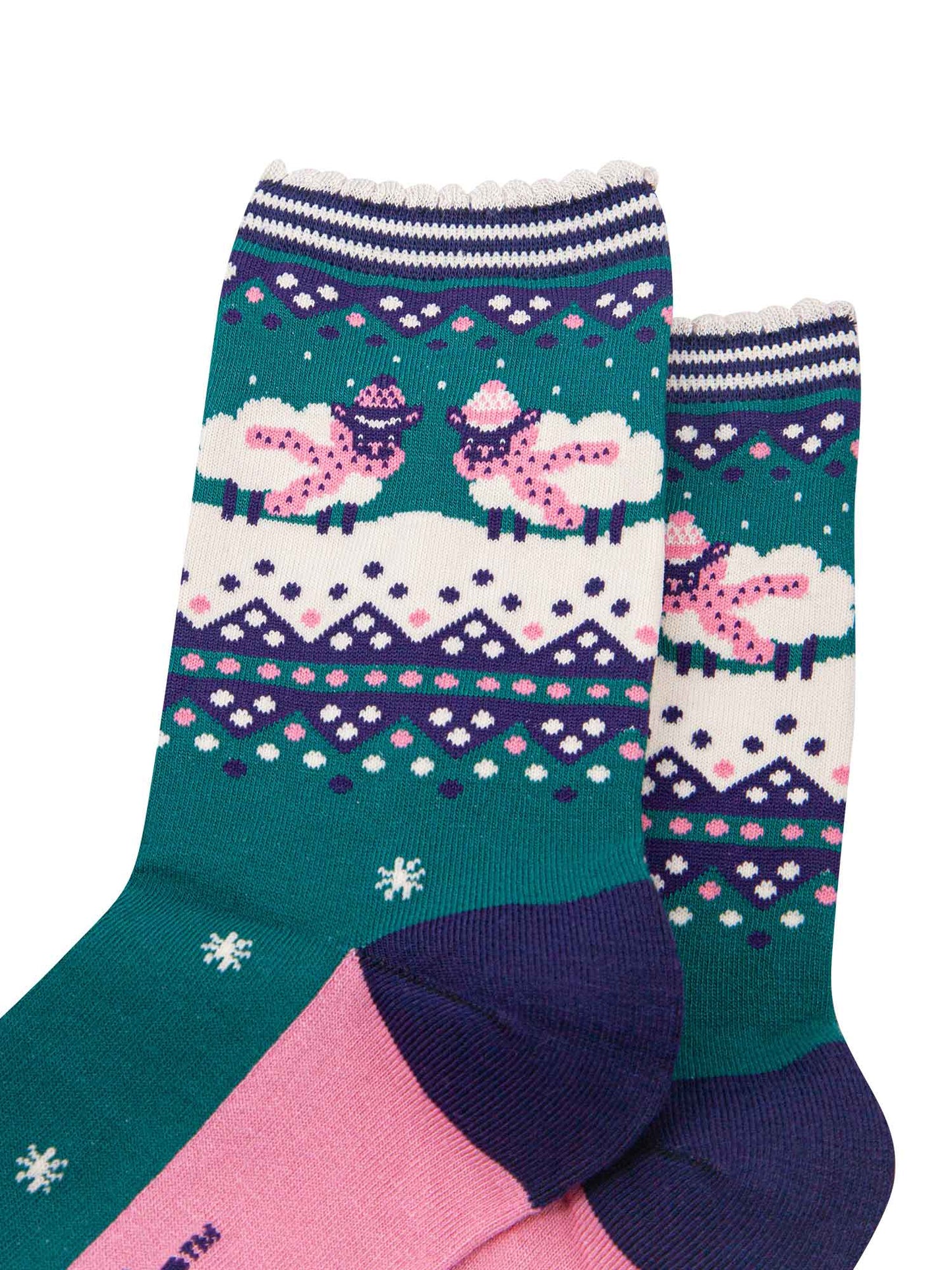 green, blue and pink ankle socks with sheep wearing cosy winter scarves and hats