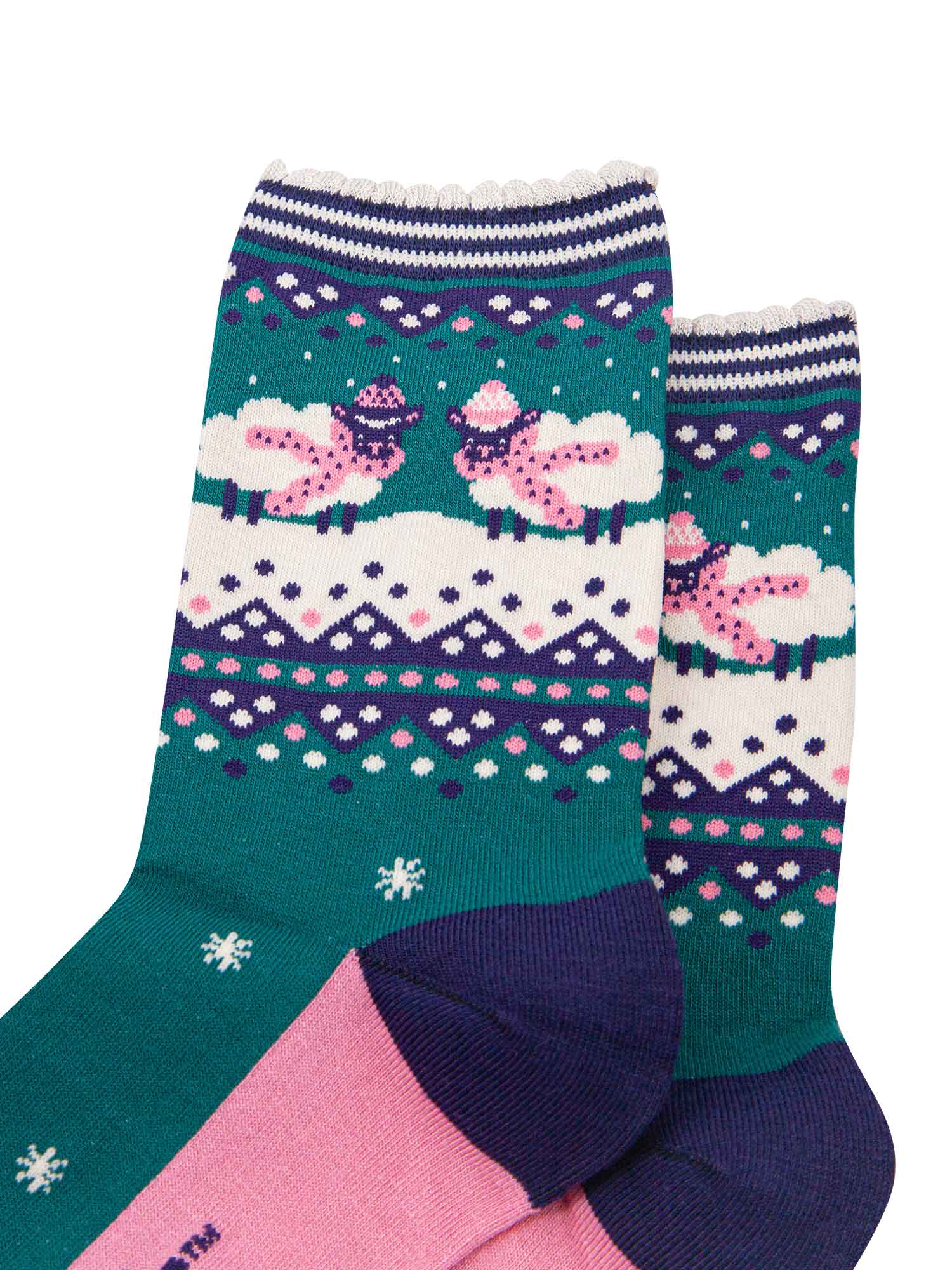green, blue and pink ankle socks with sheep wearing cosy winter scarves and hats