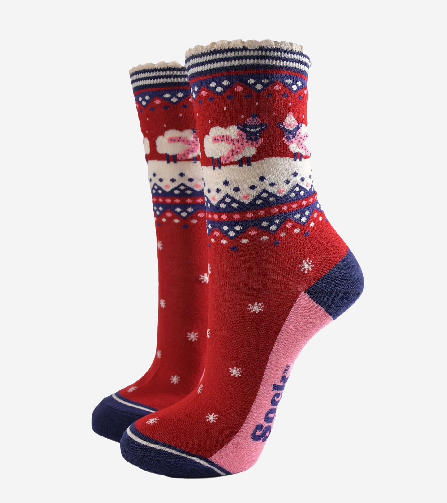 red, white and navy blue ankle socks with sheep wearing cosy winter scarves and hats