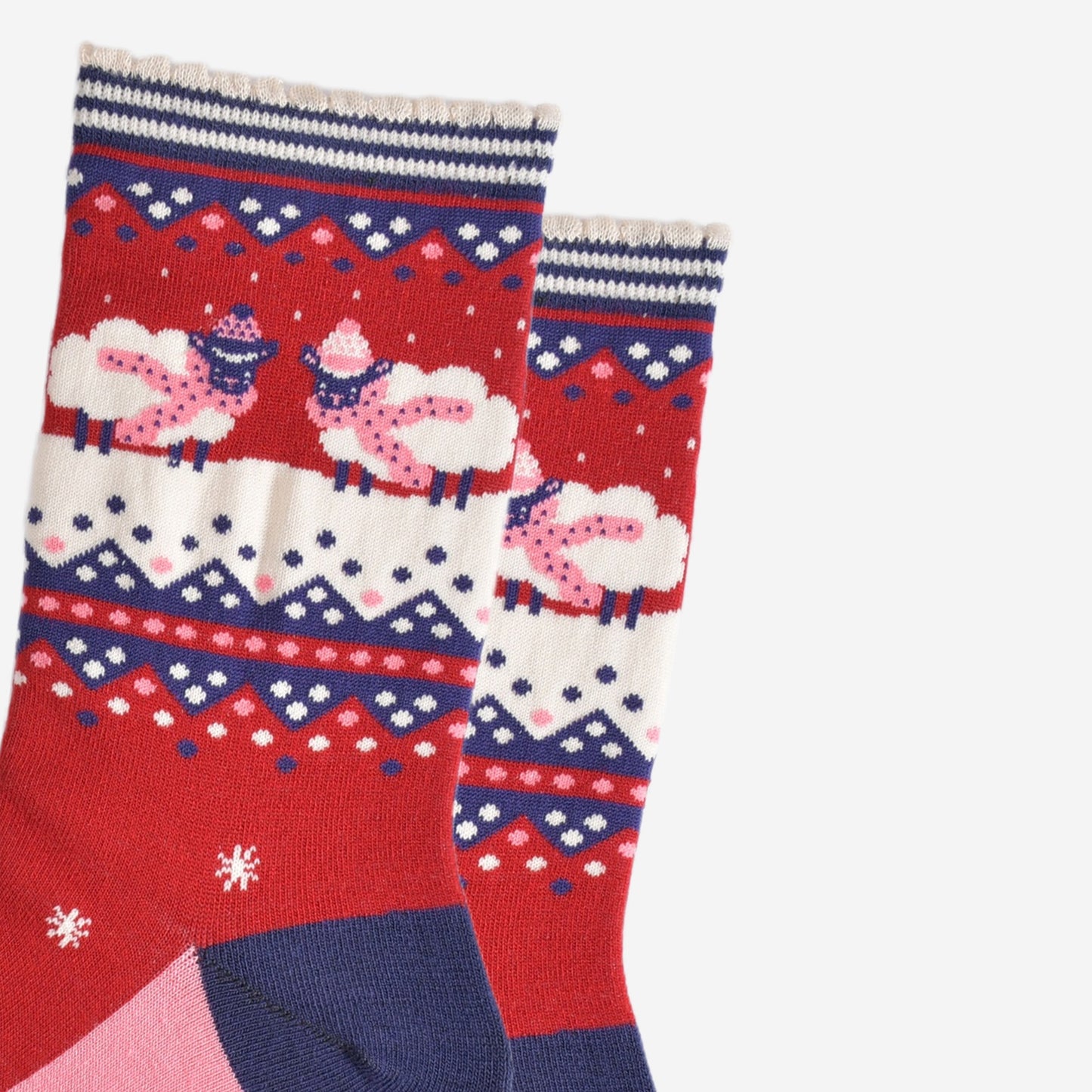 close up of the sheep pattern on the ankles of the socks, they are standing knee deep in snow and they are both wearing pink scarves and winter hats