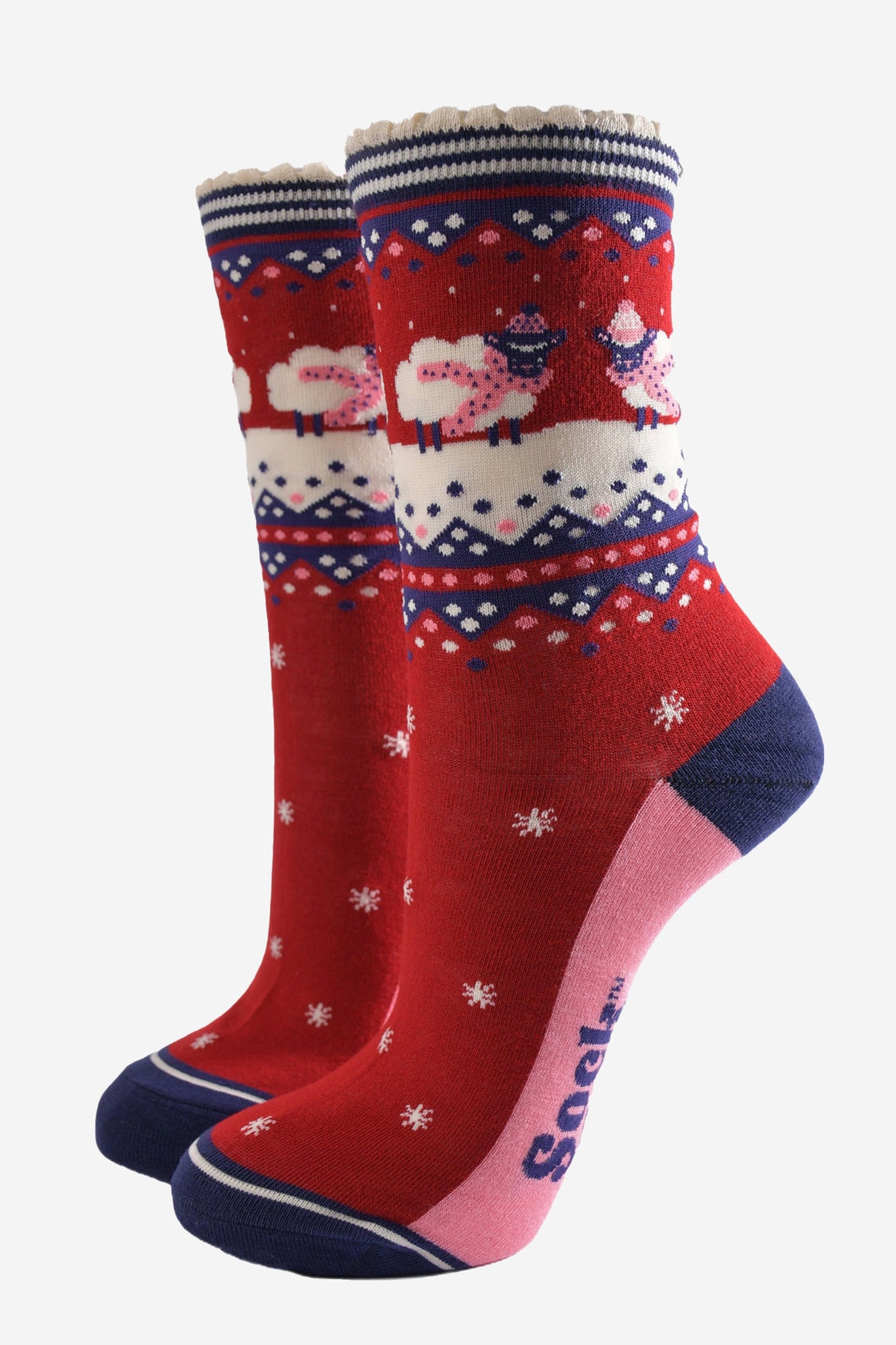 red, white and navy blue ankle socks with sheep wearing cosy winter scarves and hats