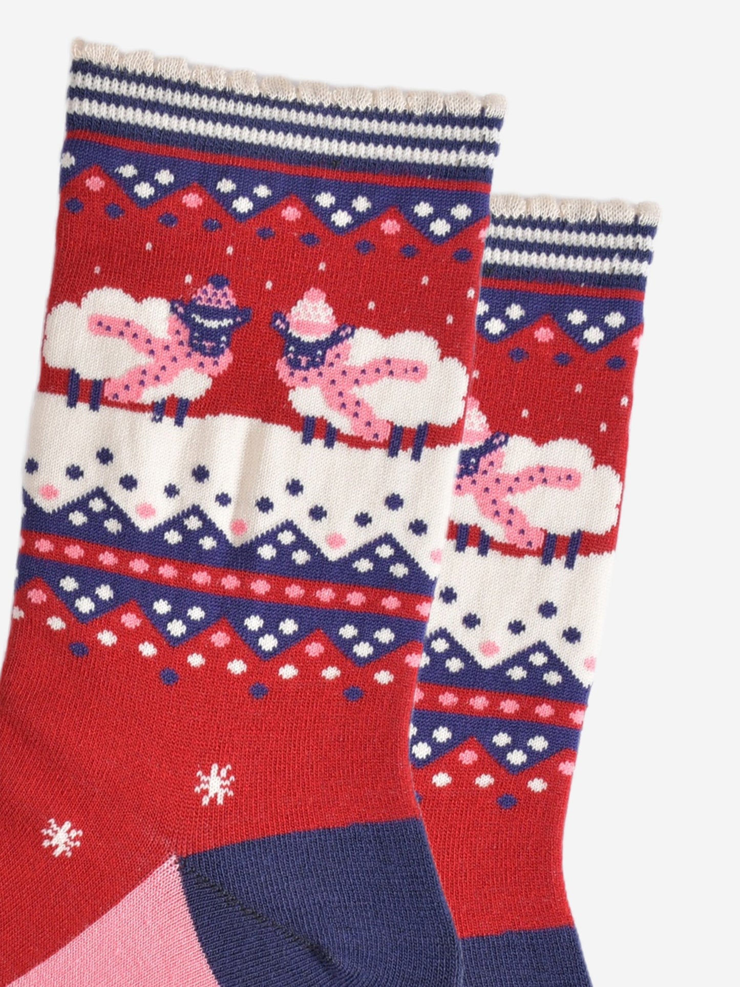 close up of the sheep pattern on the ankles of the socks, they are standing knee deep in snow and they are both wearing pink scarves and winter hats