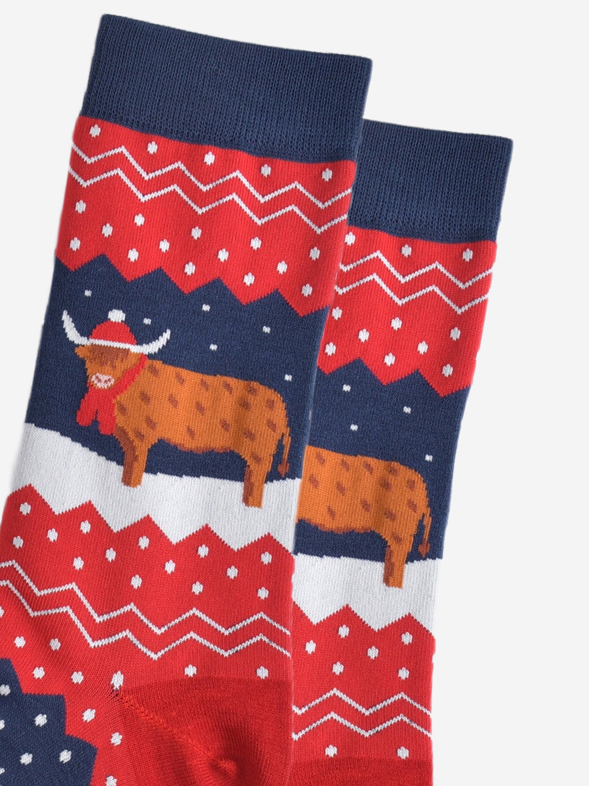 close up of the highland cow, it is standing in the snow and wearing a santa hat and winter scarf