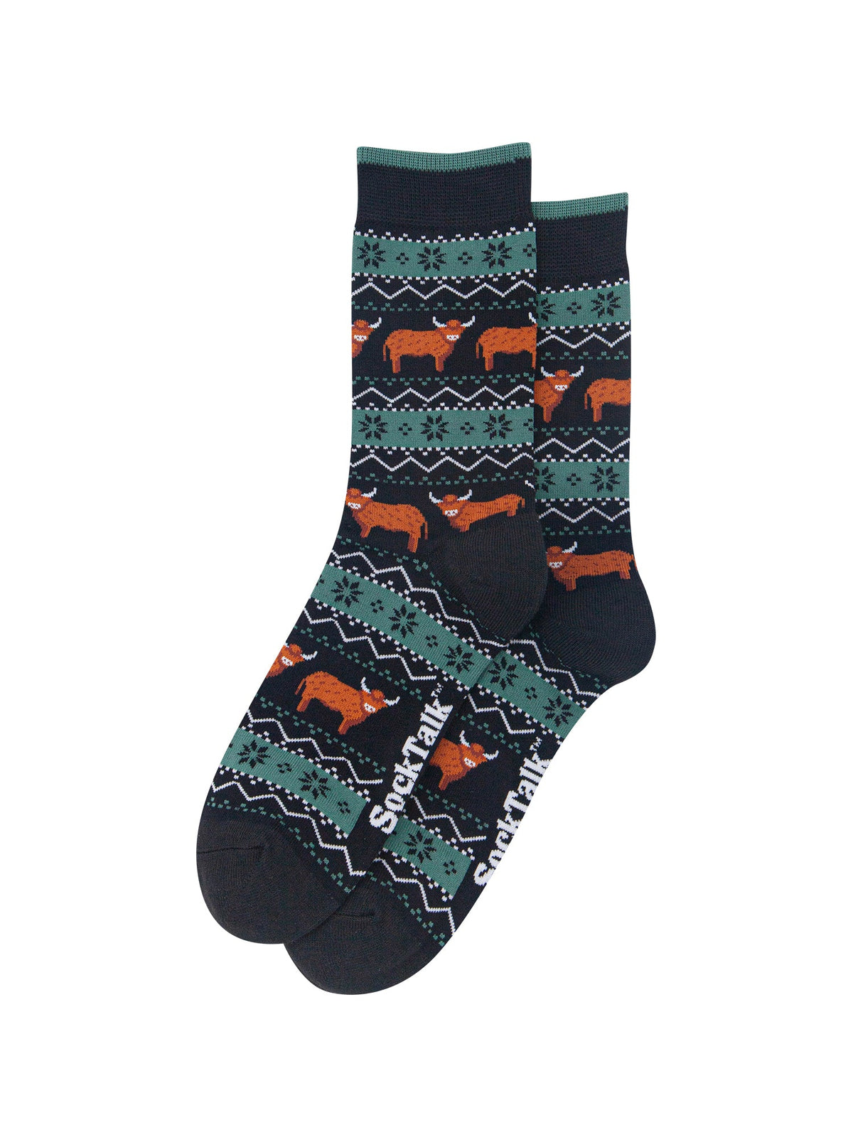 Highland-Cow-Fair-Isle-Men's-Bamboo-Socks-in-Black/Green-Laid-Flat
