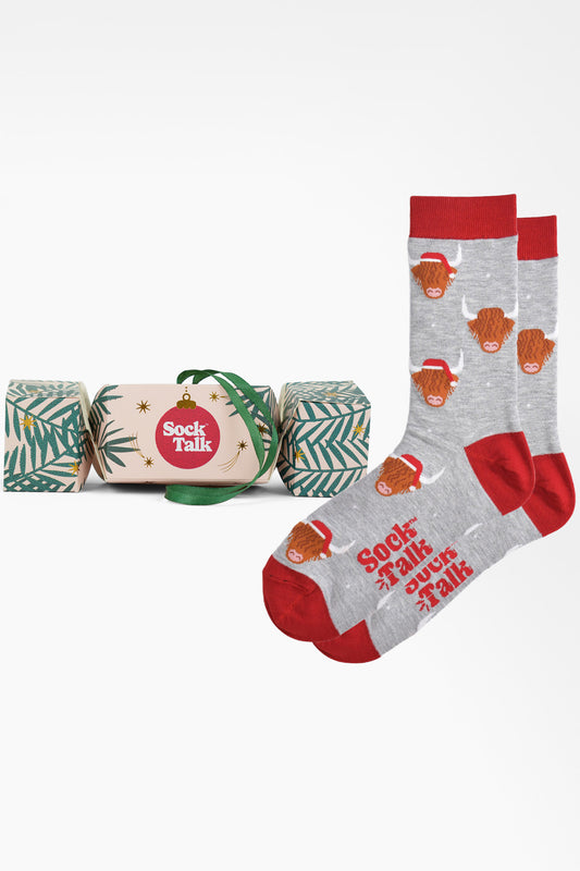 Men's Bamboo Crew Socks Christmas Cracker Gift Box - Grey/Red, Christmas Highland Cow