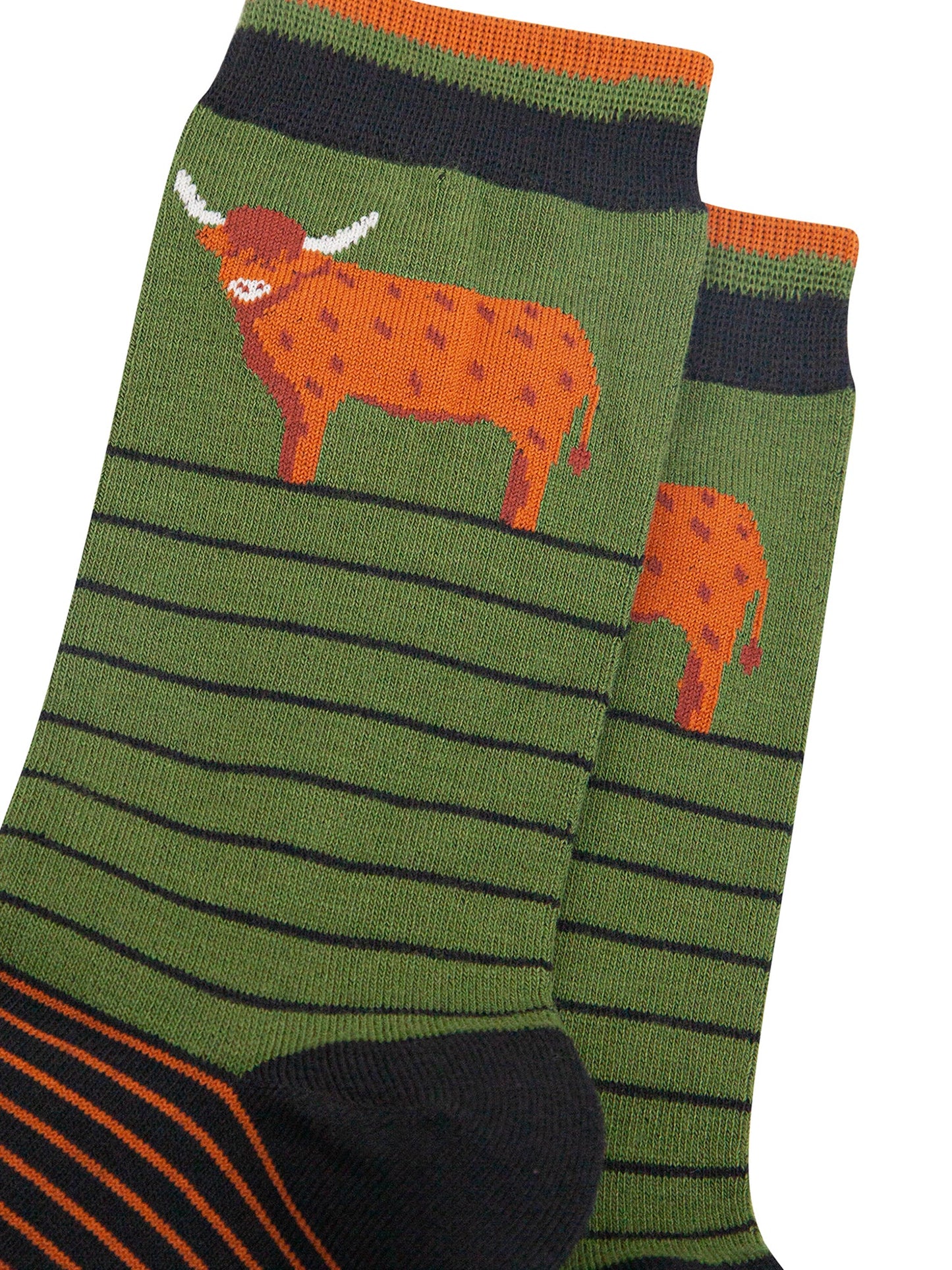 Highland-Cow-Striped-Bamboo-Socks-in-Green-Closeup