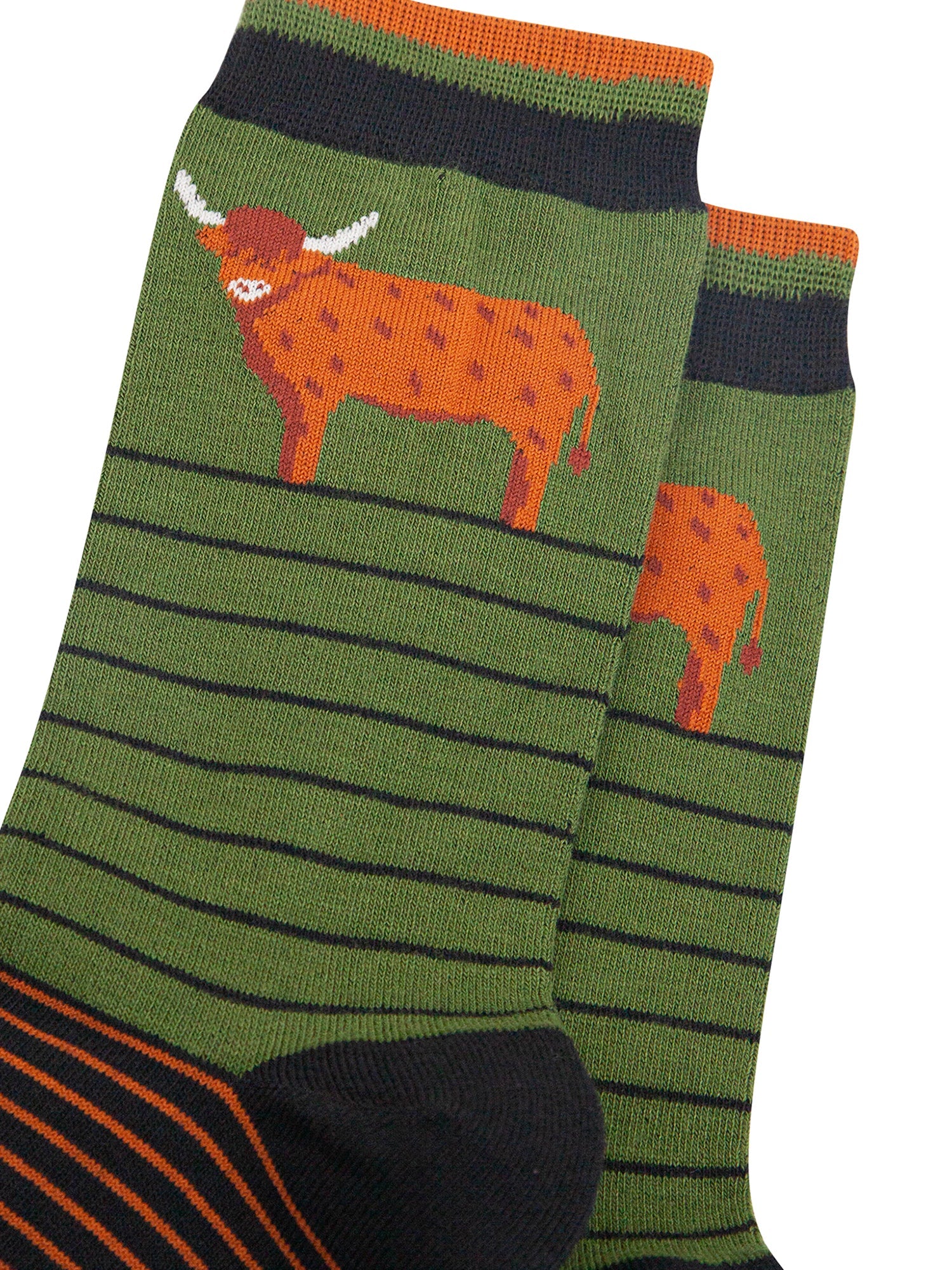 Highland-Cow-Striped-Bamboo-Socks-in-Green-Closeup