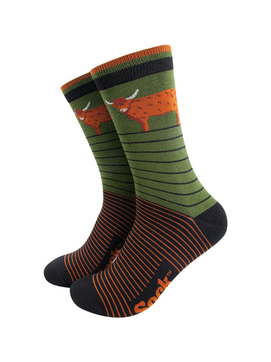 Highland-Cow-Striped-Bamboo-Socks-in-Green-Mannequin