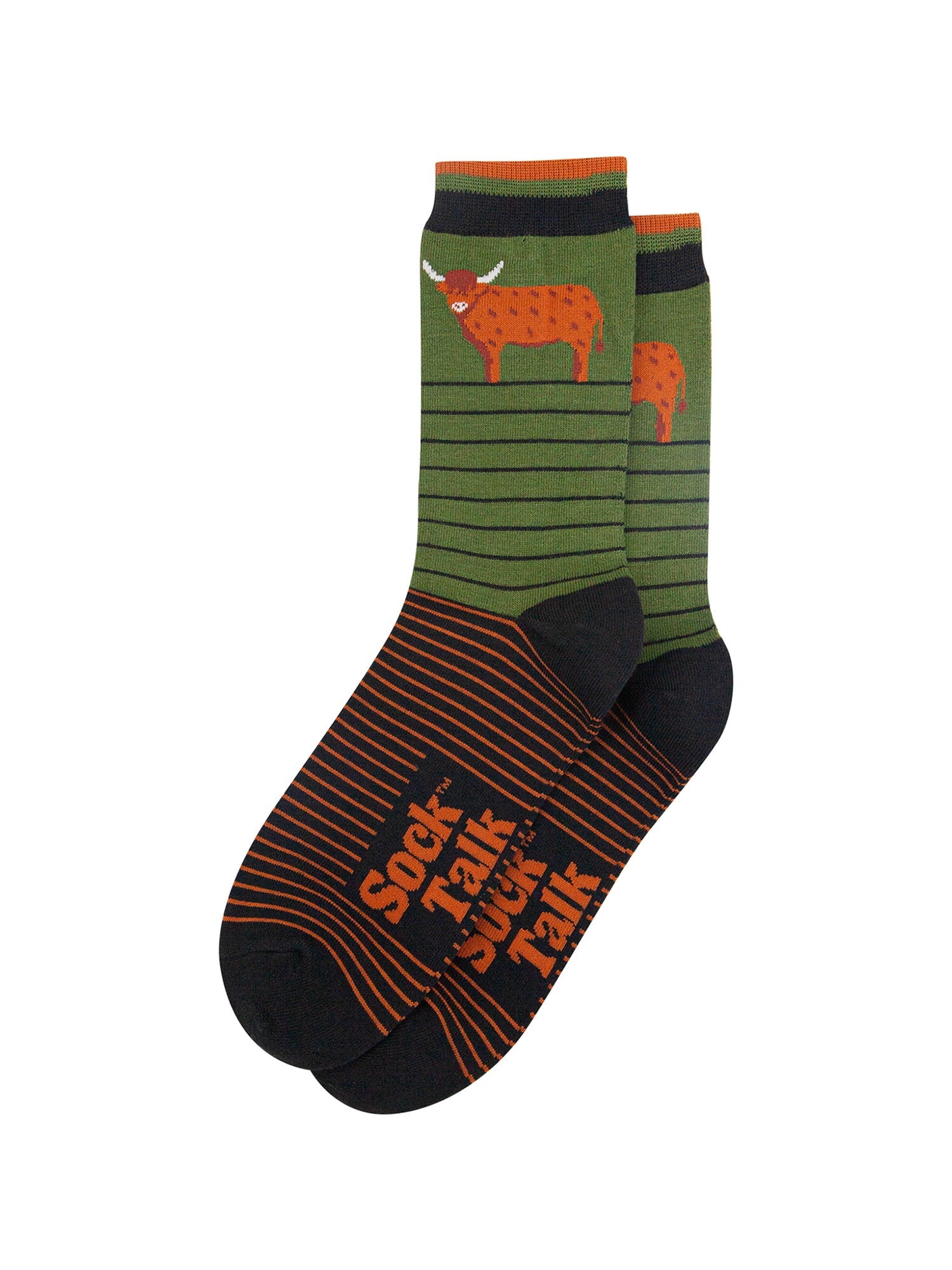 Highland-Cow-Striped-Bamboo-Socks-in-Green-Lying-Flat