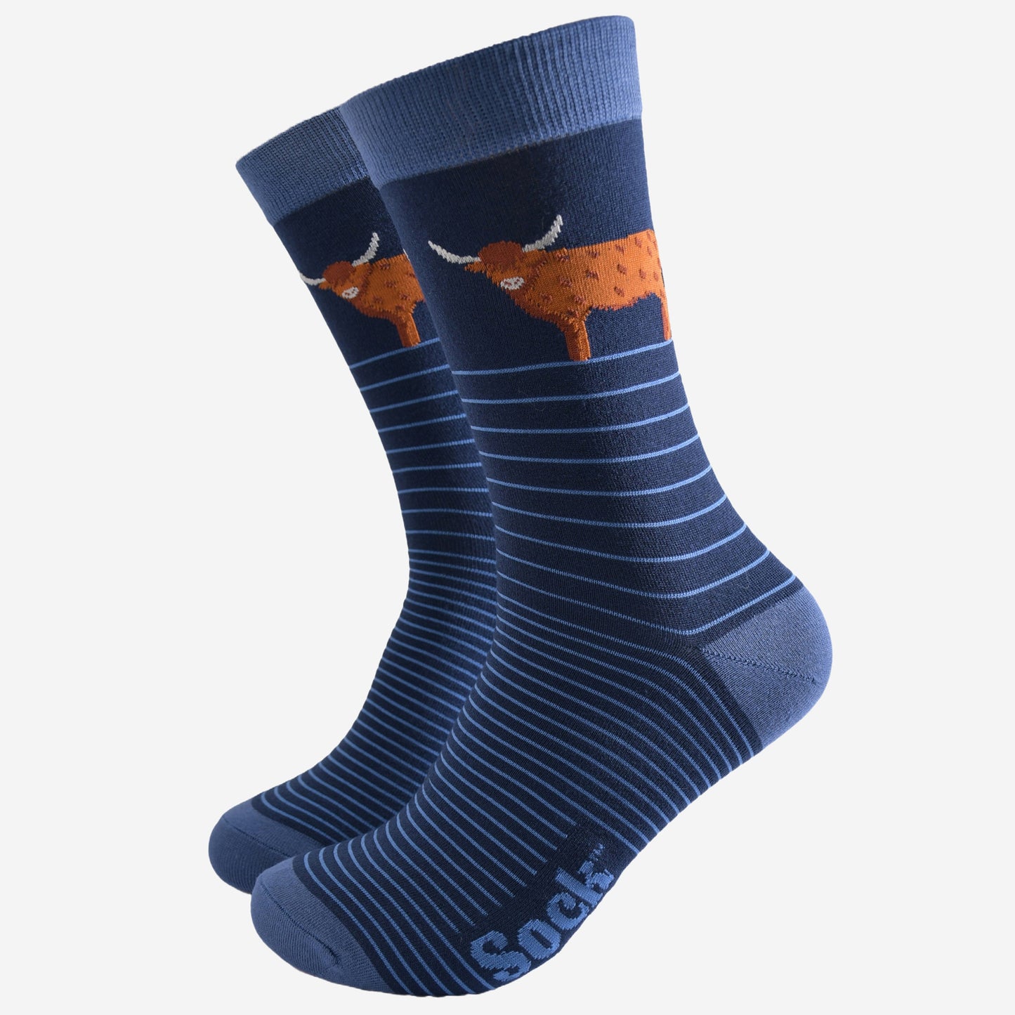 Men's Bamboo Socks - Navy Blue, Highland Cow Stripe