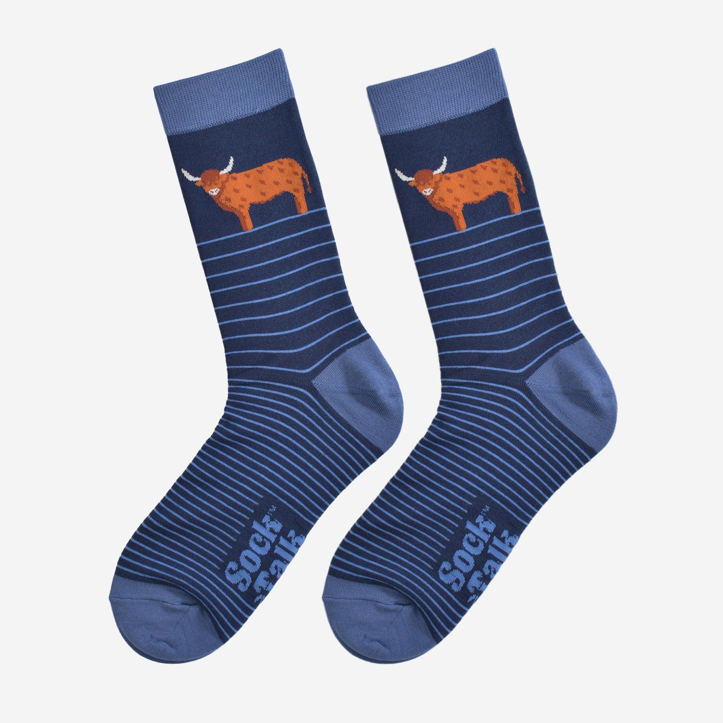 Men's Bamboo Socks - Navy Blue, Highland Cow Stripe