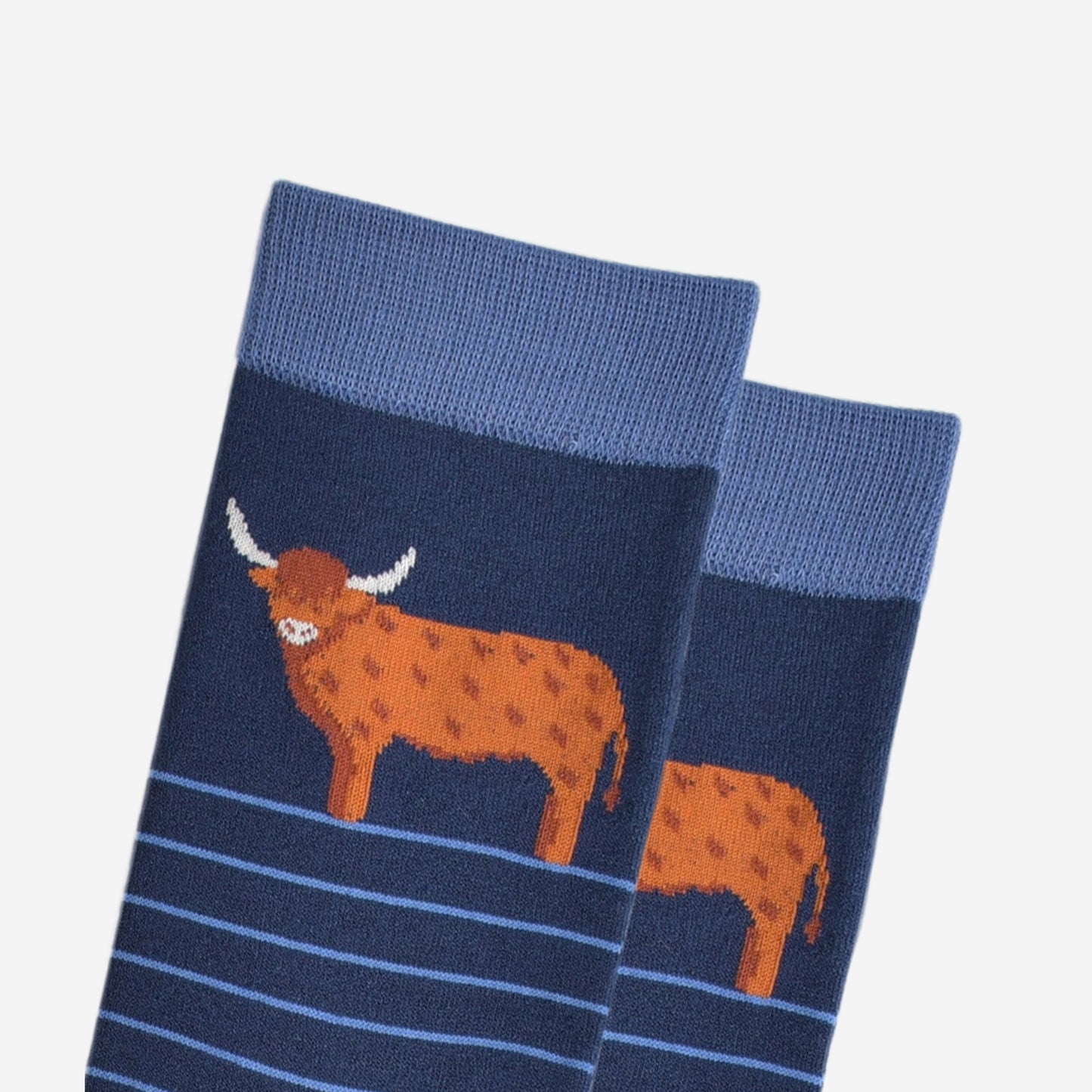 Men's Bamboo Socks - Navy Blue, Highland Cow Stripe