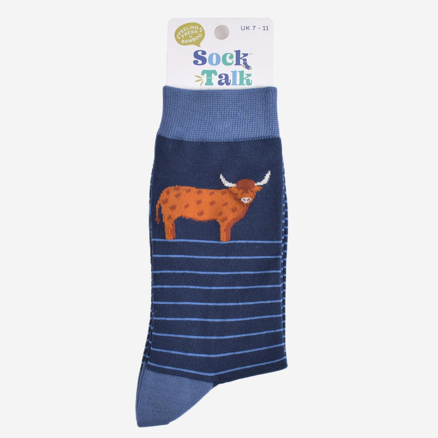 Men's Bamboo Socks - Navy Blue, Highland Cow Stripe