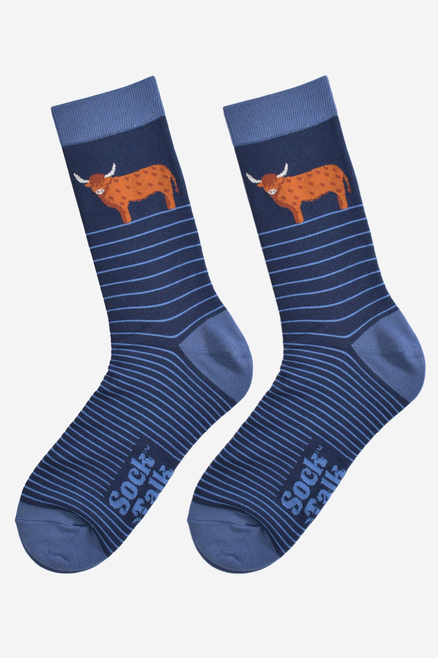 Men's Bamboo Socks - Navy Blue, Highland Cow Stripe