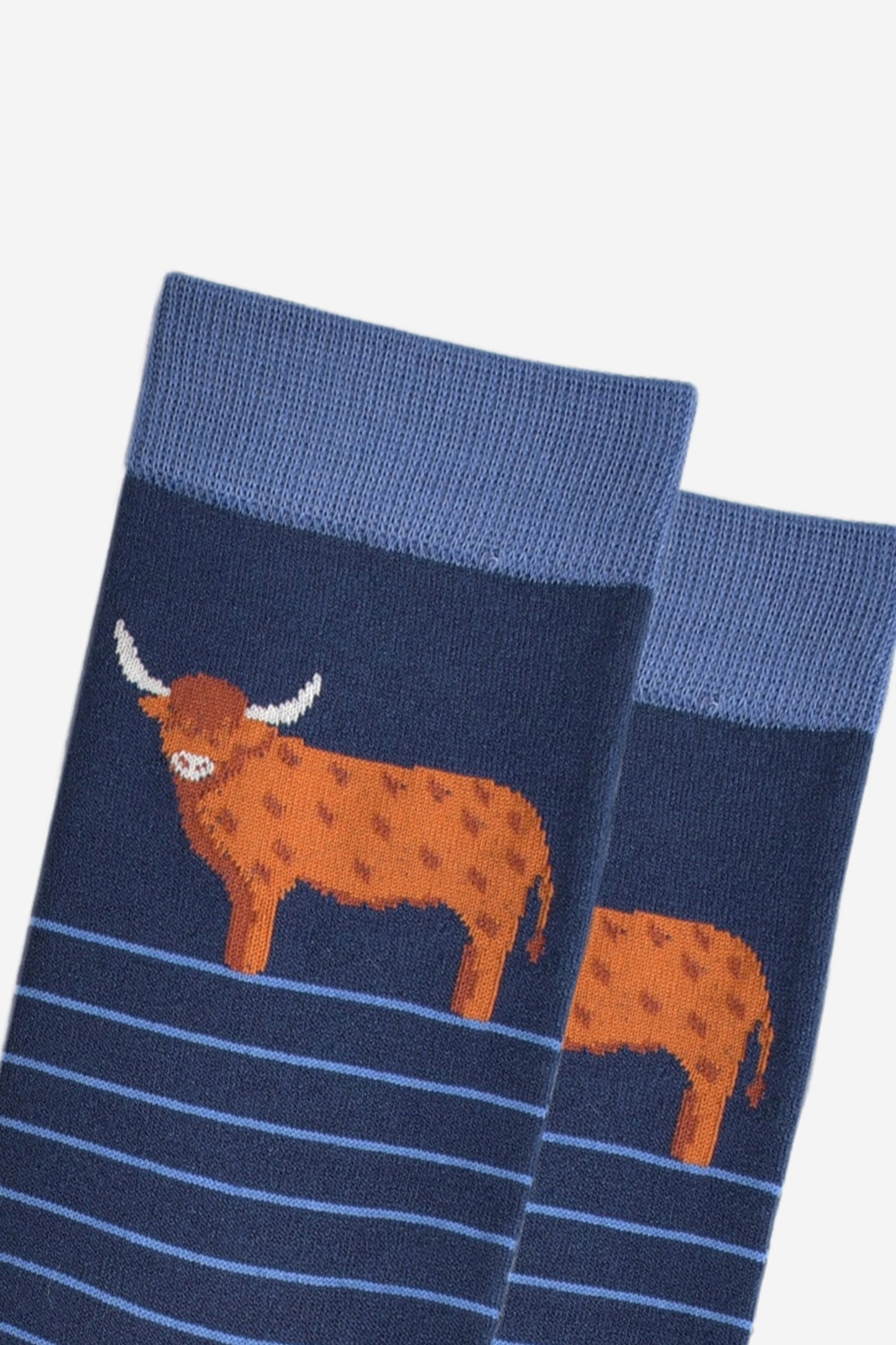 Men's Bamboo Socks - Navy Blue, Highland Cow Stripe