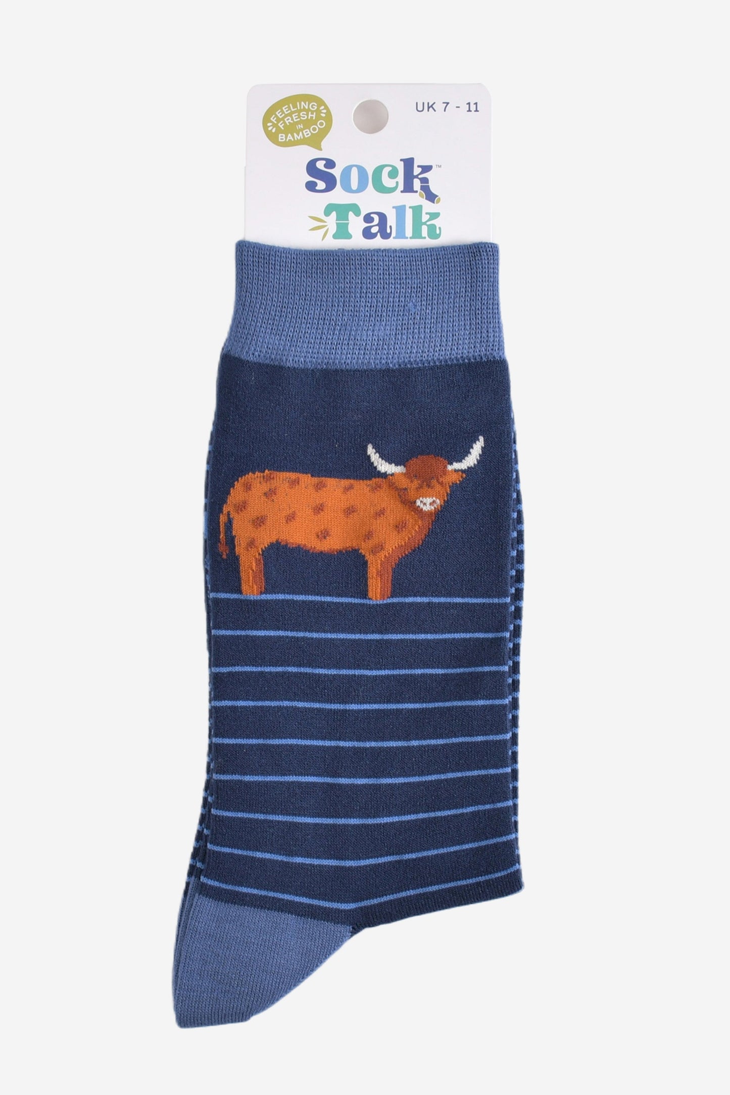 Men's Bamboo Socks - Navy Blue, Highland Cow Stripe