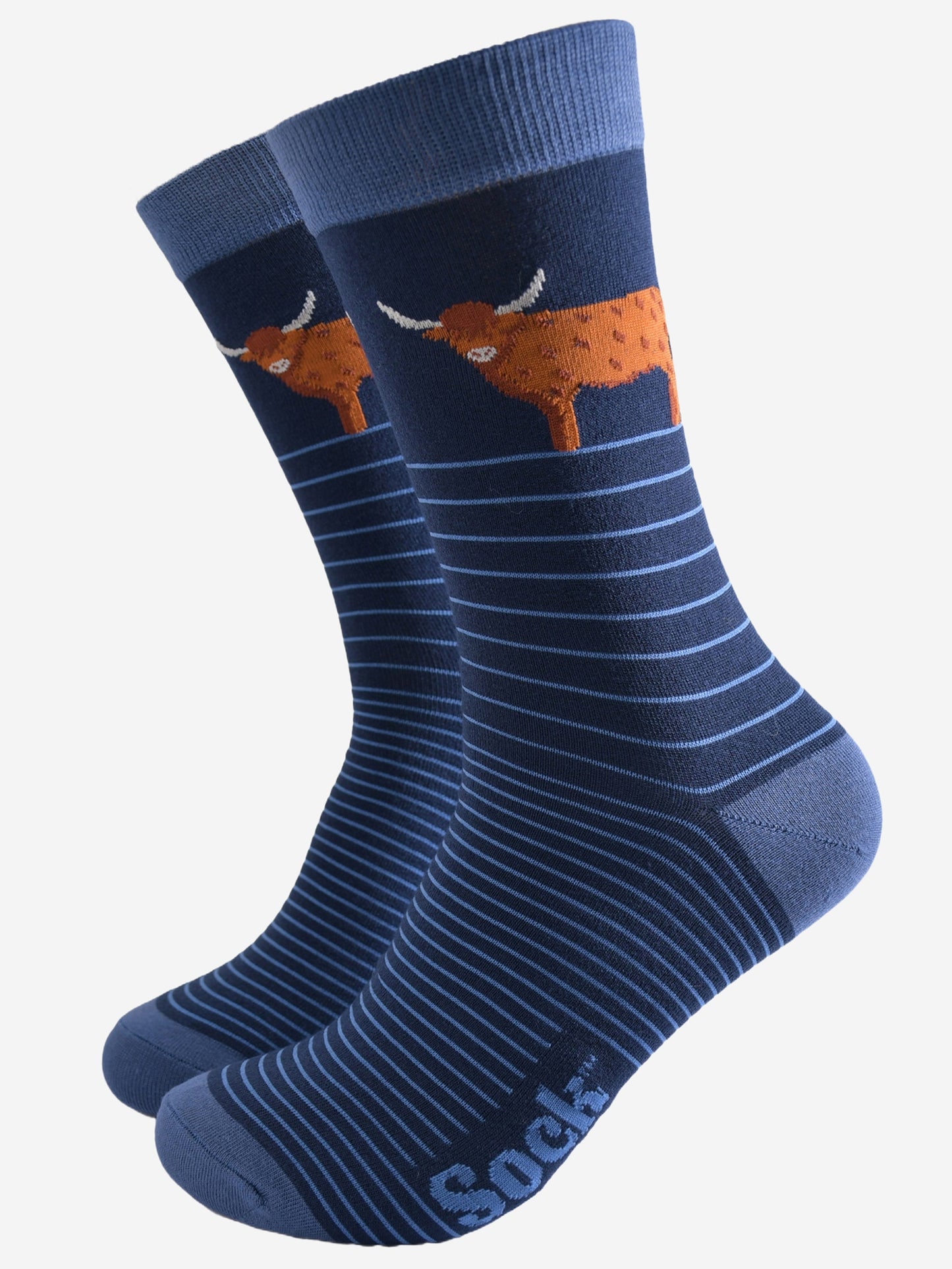 Men's Bamboo Socks - Navy Blue, Highland Cow Stripe