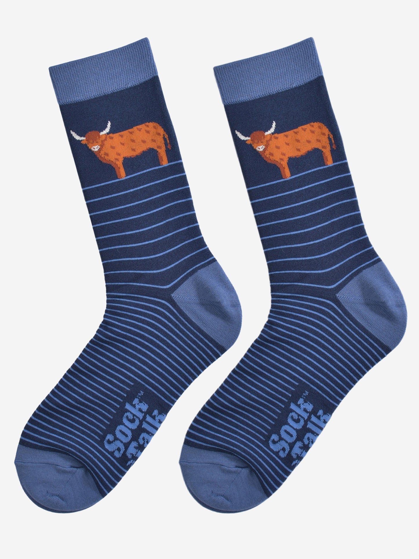 Men's Bamboo Socks - Navy Blue, Highland Cow Stripe