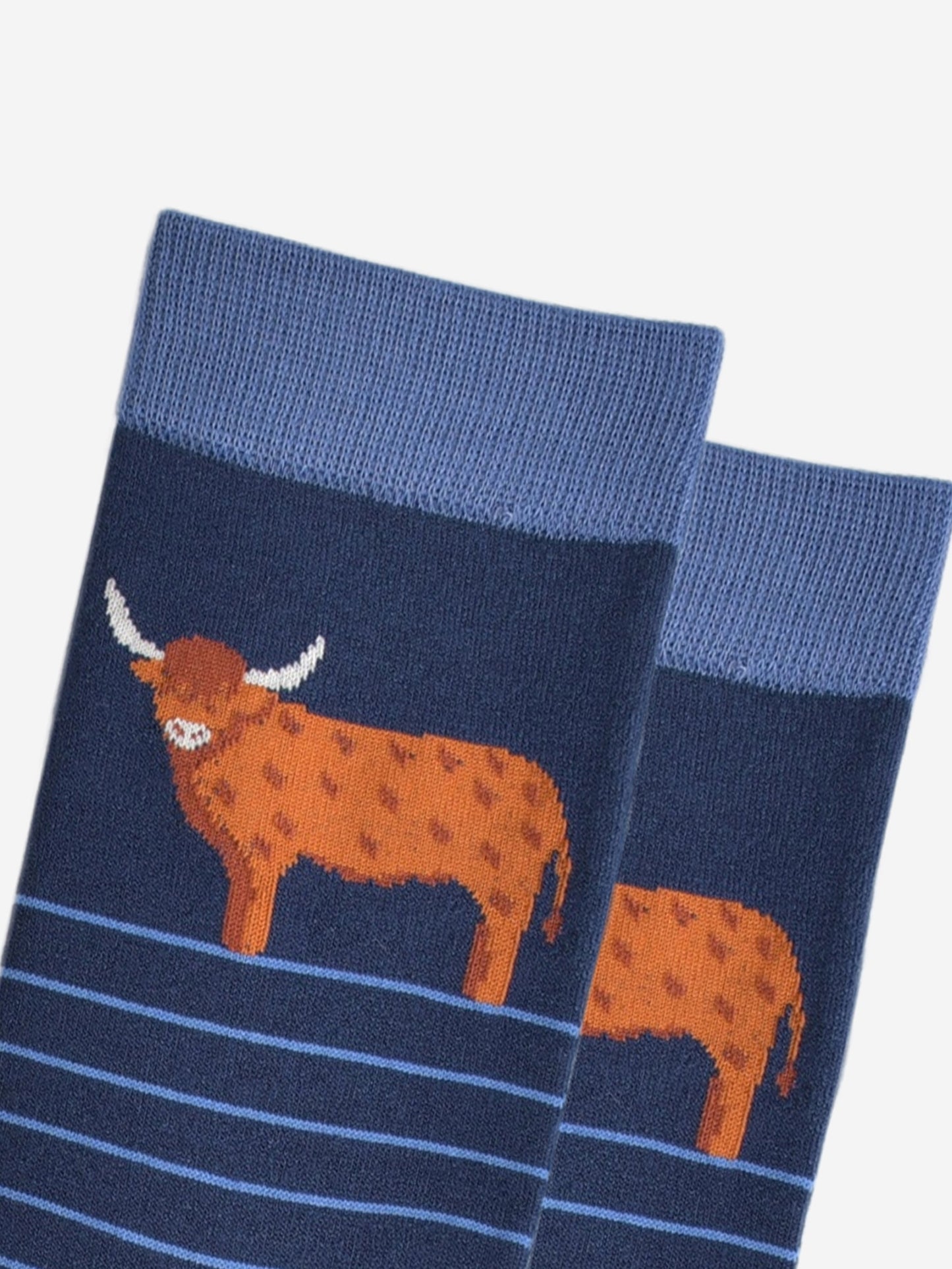 Men's Bamboo Socks - Navy Blue, Highland Cow Stripe