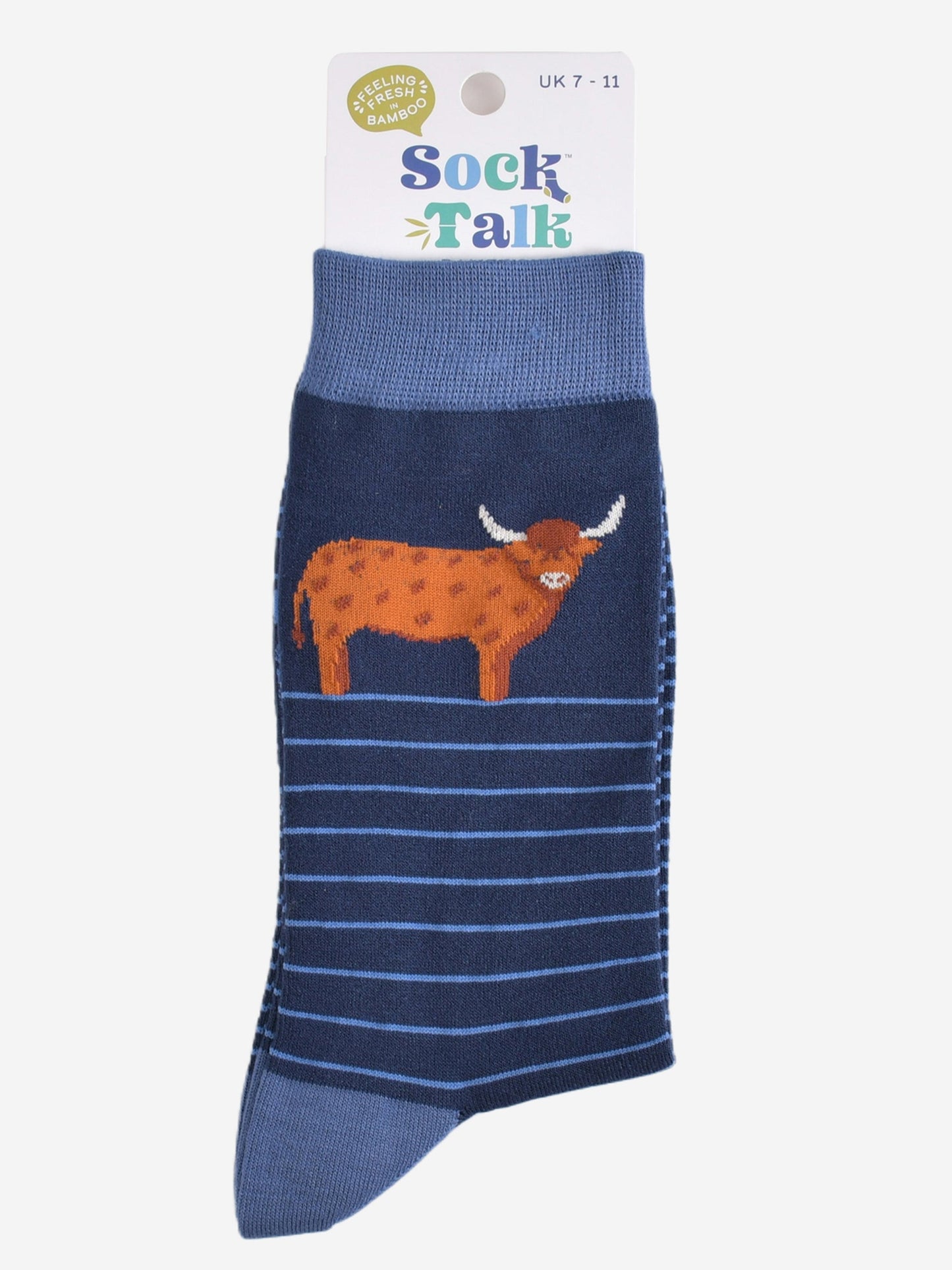 Men's Bamboo Socks - Navy Blue, Highland Cow Stripe