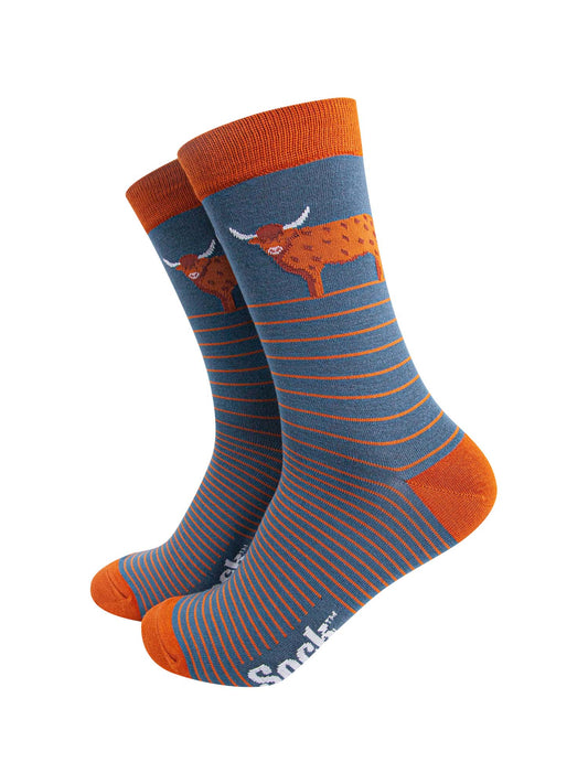 teal blue socks with a burnt orange pin striped and a large standing highland cow on the ankle