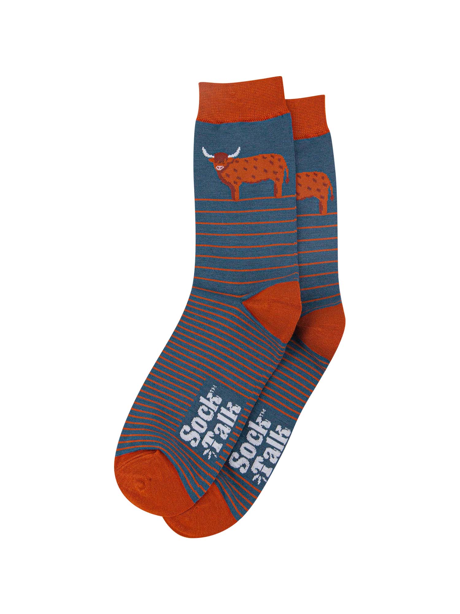teal and orange striped bamboo socks laying flat, there is a large highland cow on the ankle of the sock, the cow is in profile and standing up