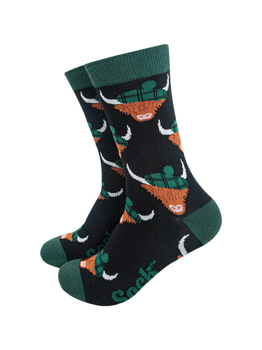 mens-bamboo-socks-black-forest-green-highland-cow-tartan-hats