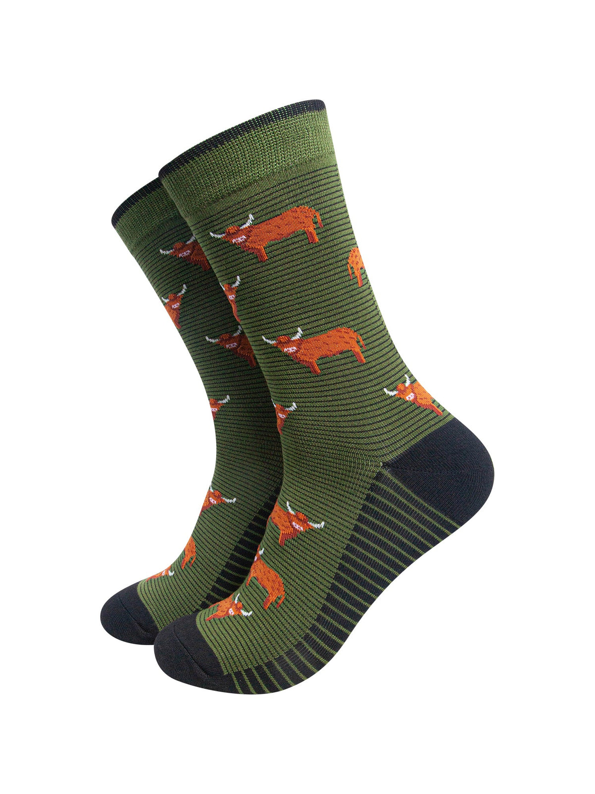 Highland-Cow-Men's-Bamboo-Socks-in-Khaki-Green-On-Mannequin