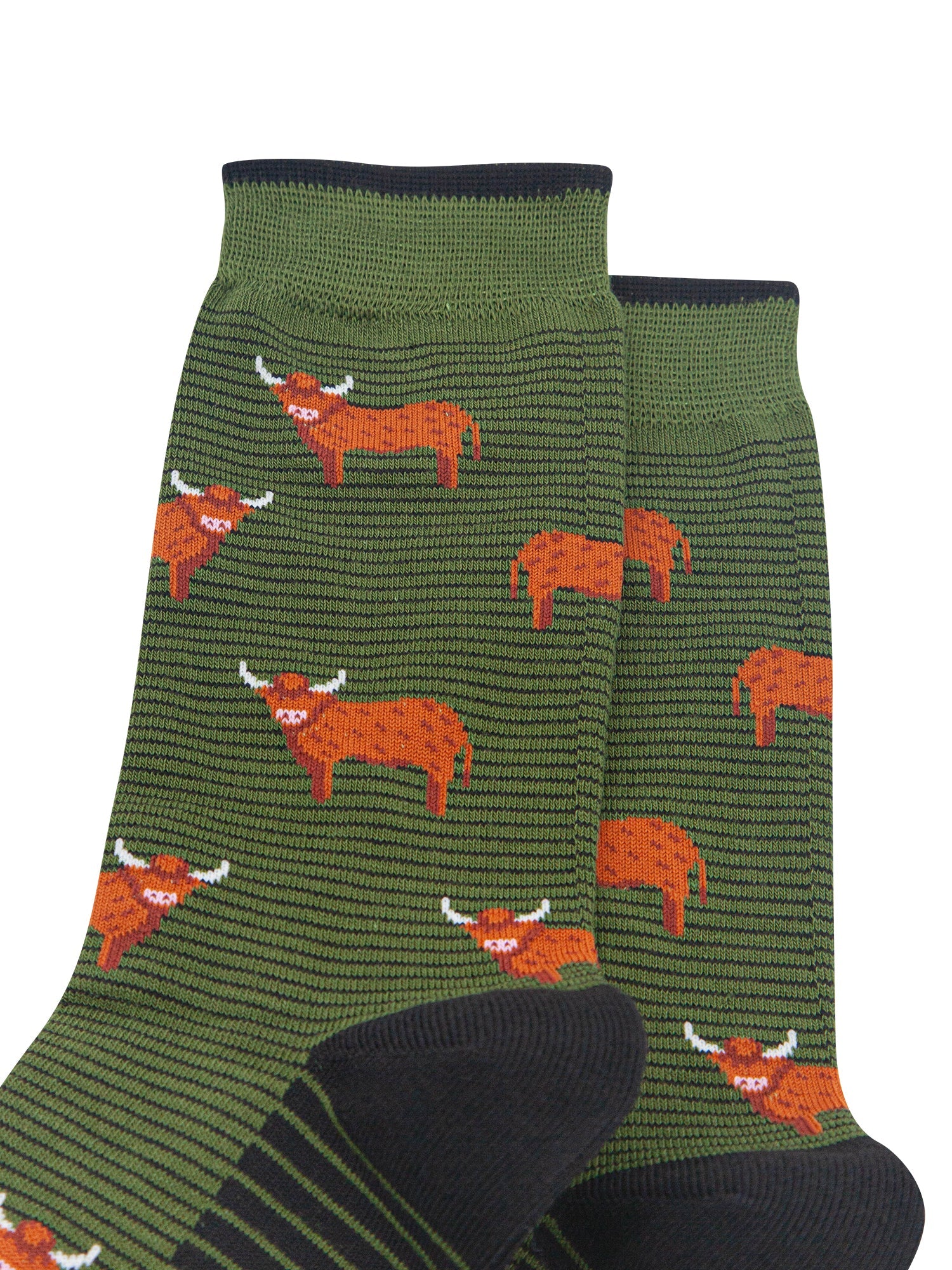 Highland-Cow-Men's-Bamboo-Socks-in-Khaki-Green-Close-Up