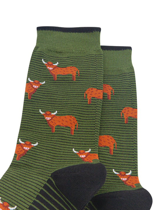 Highland-Cow-Men's-Bamboo-Socks-in-Khaki-Green-Close-Up