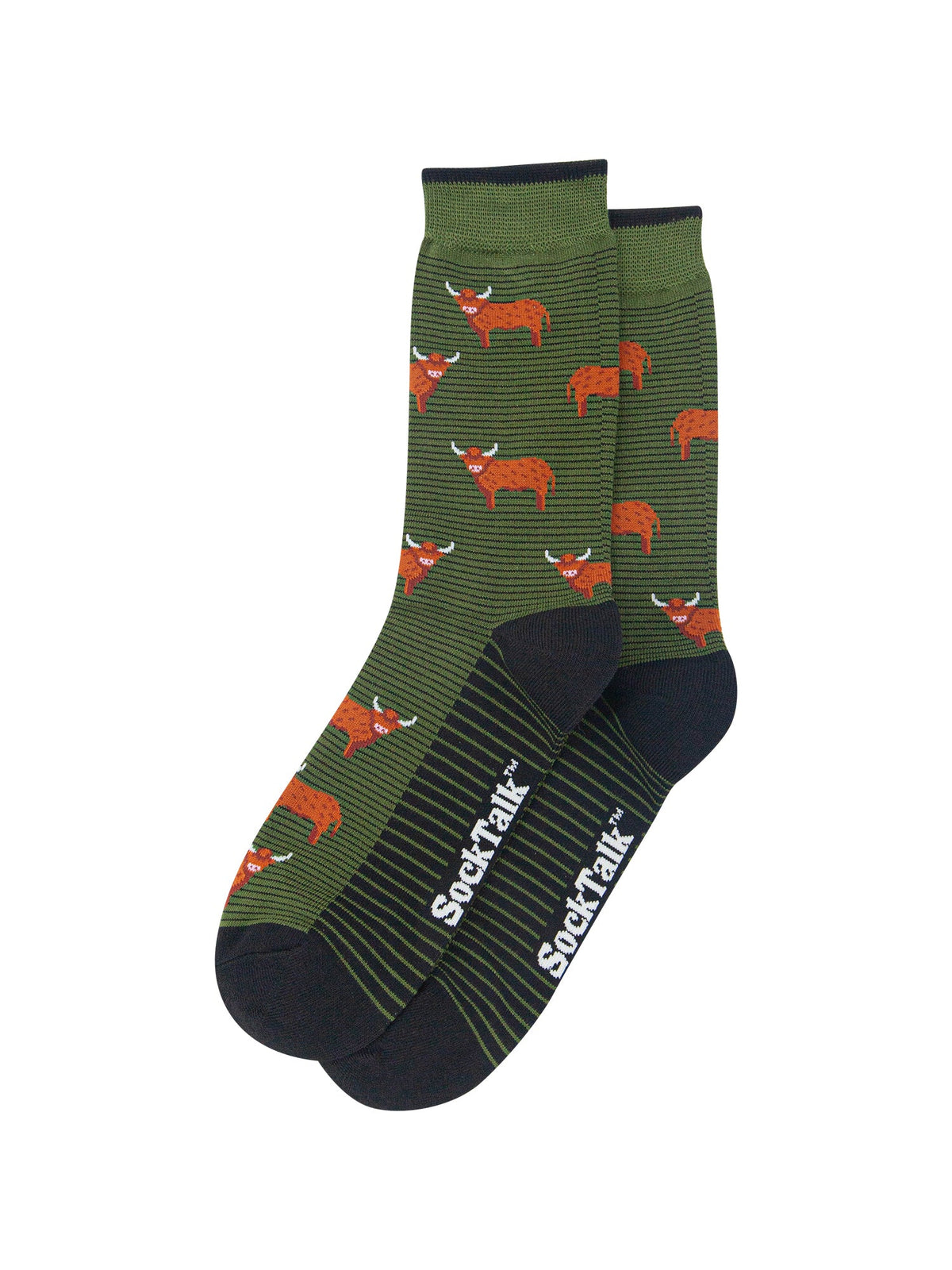 Highland-Cow-Men's-Bamboo-Socks-in-Khaki-Green-Laid-Flat