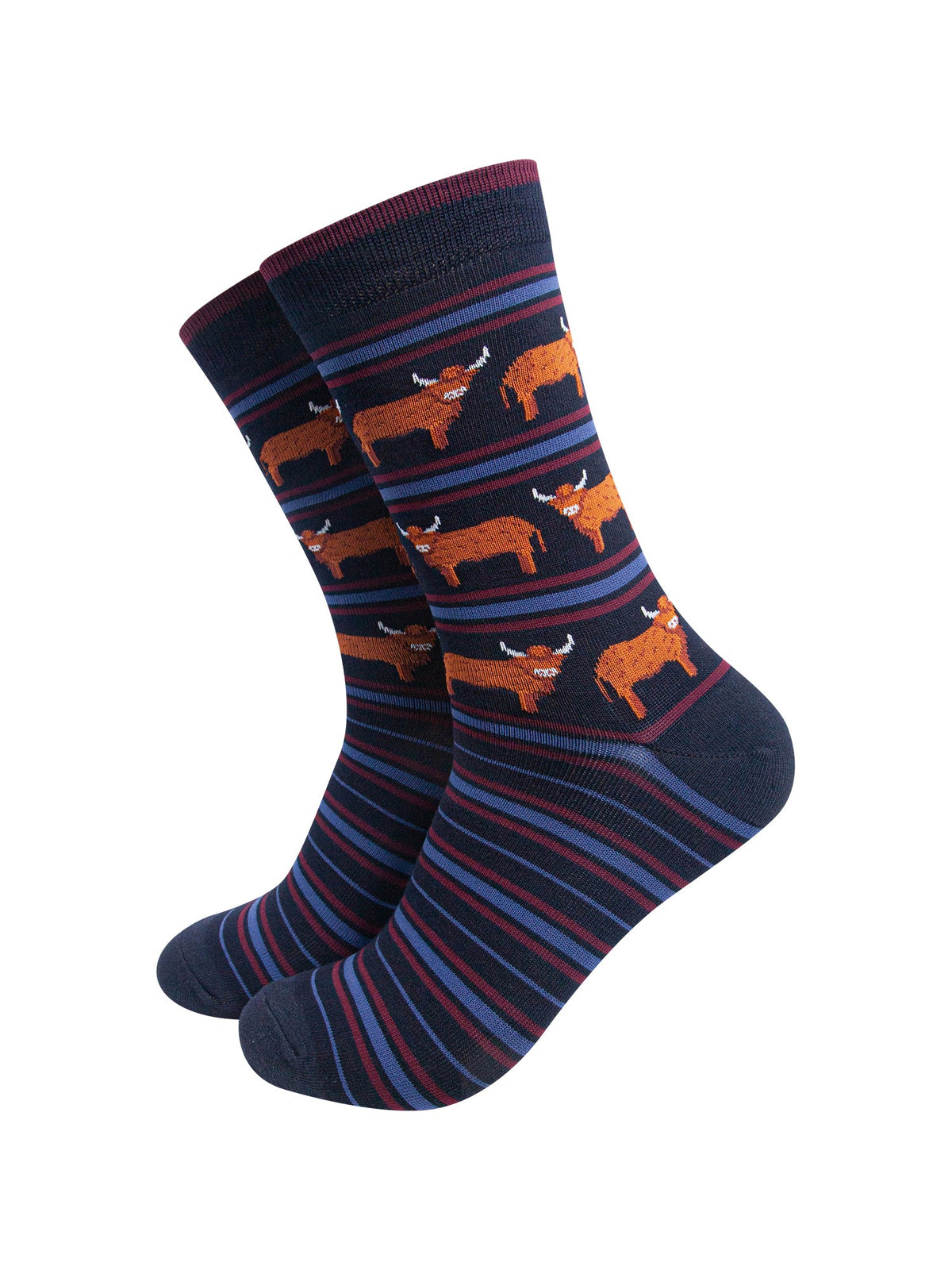 Highland-Cow-Stripe-Men's-Bamboo-Socks-in-Navy-Blue-On-Mannequin