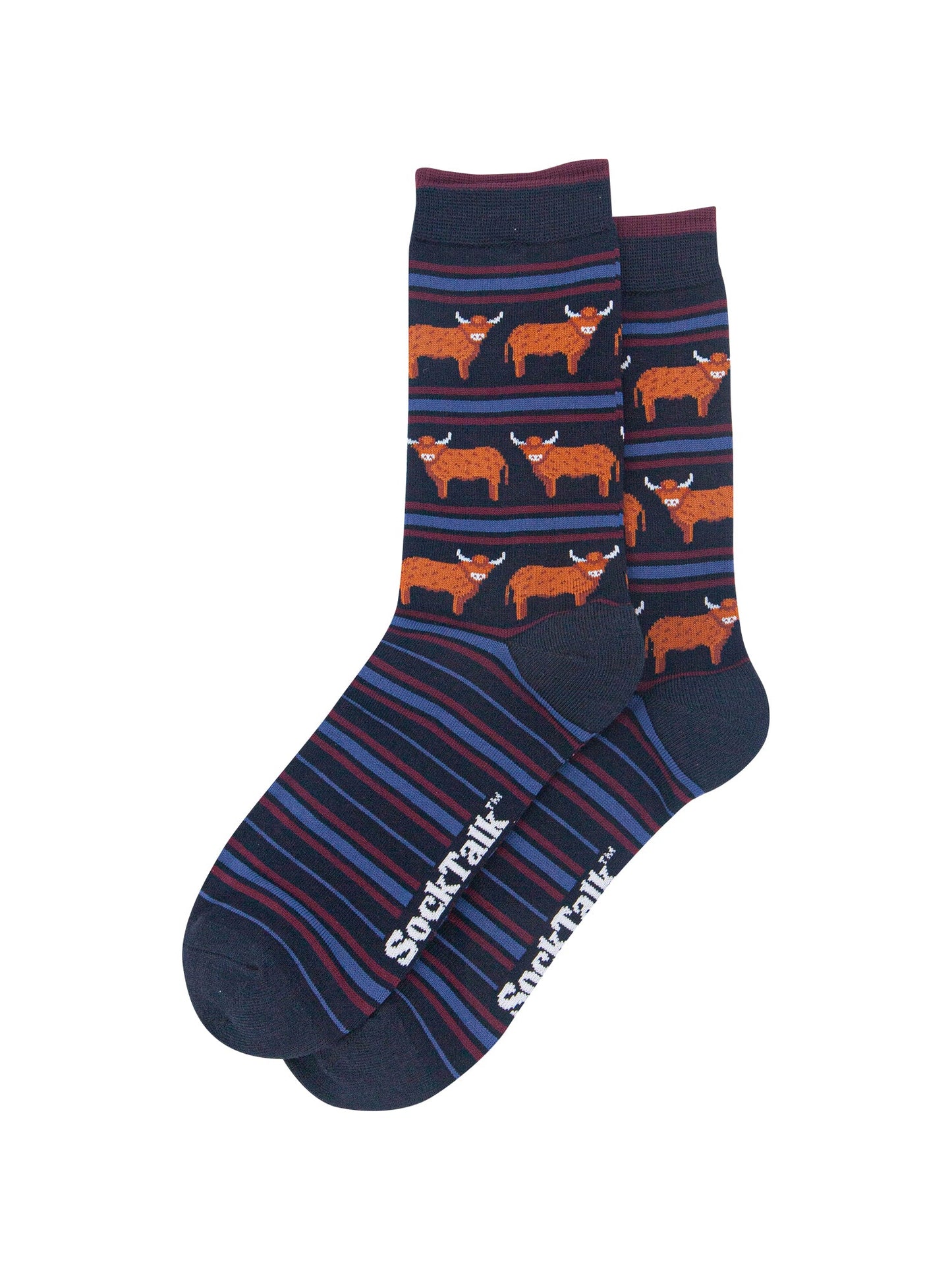 Highland-Cow-Stripe-Men's-Bamboo-Socks-in-Navy-Blue-Laid-Flat