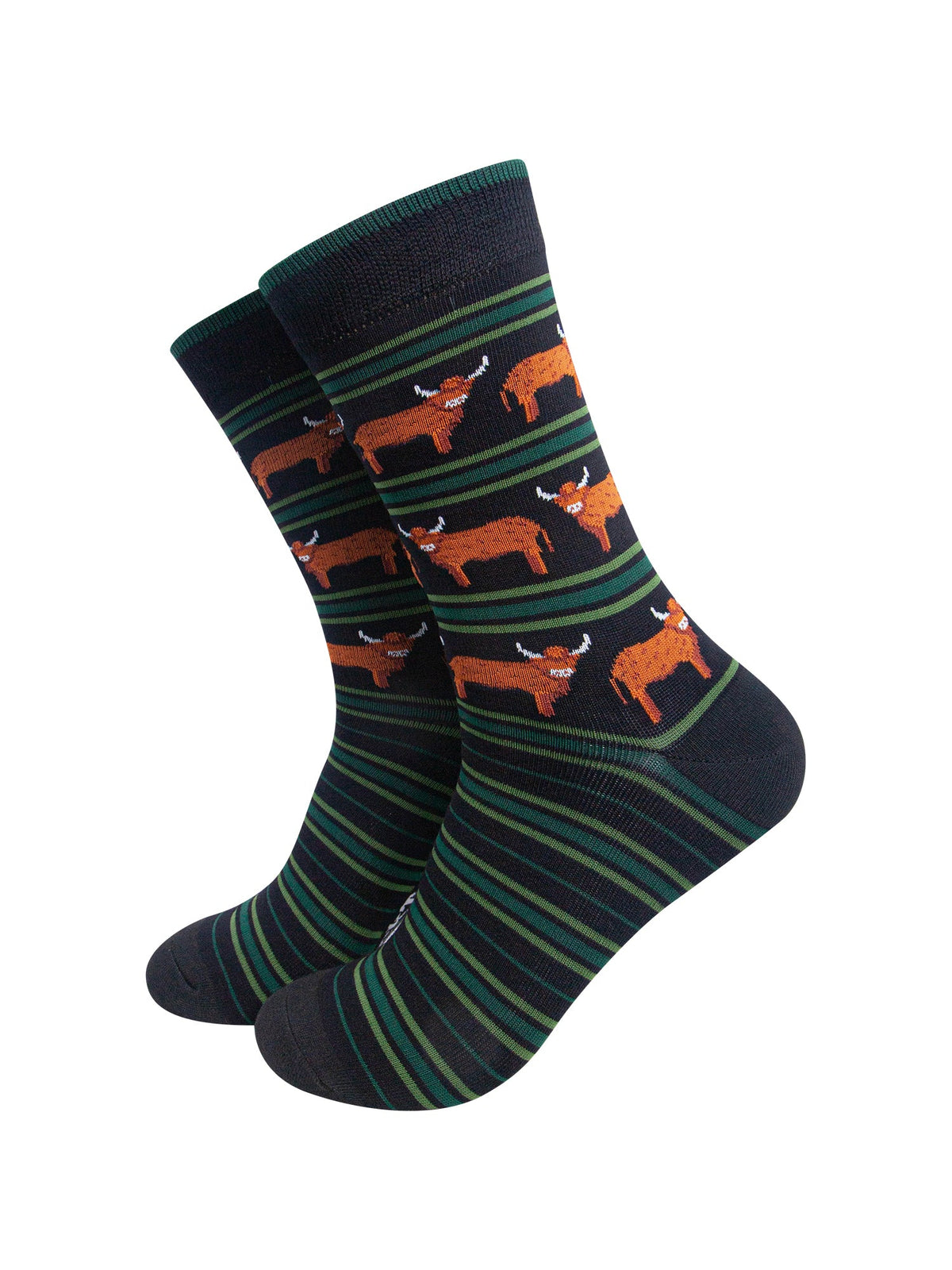 Highland-Cow-Stripe-Men's-Bamboo-Socks-in-Black/Green-On-Mannequin