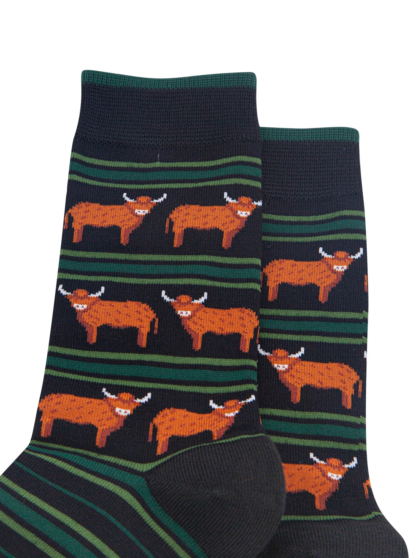 Highland-Cow-Stripe-Men's-Bamboo-Socks-in-Black/Green-Close-Up