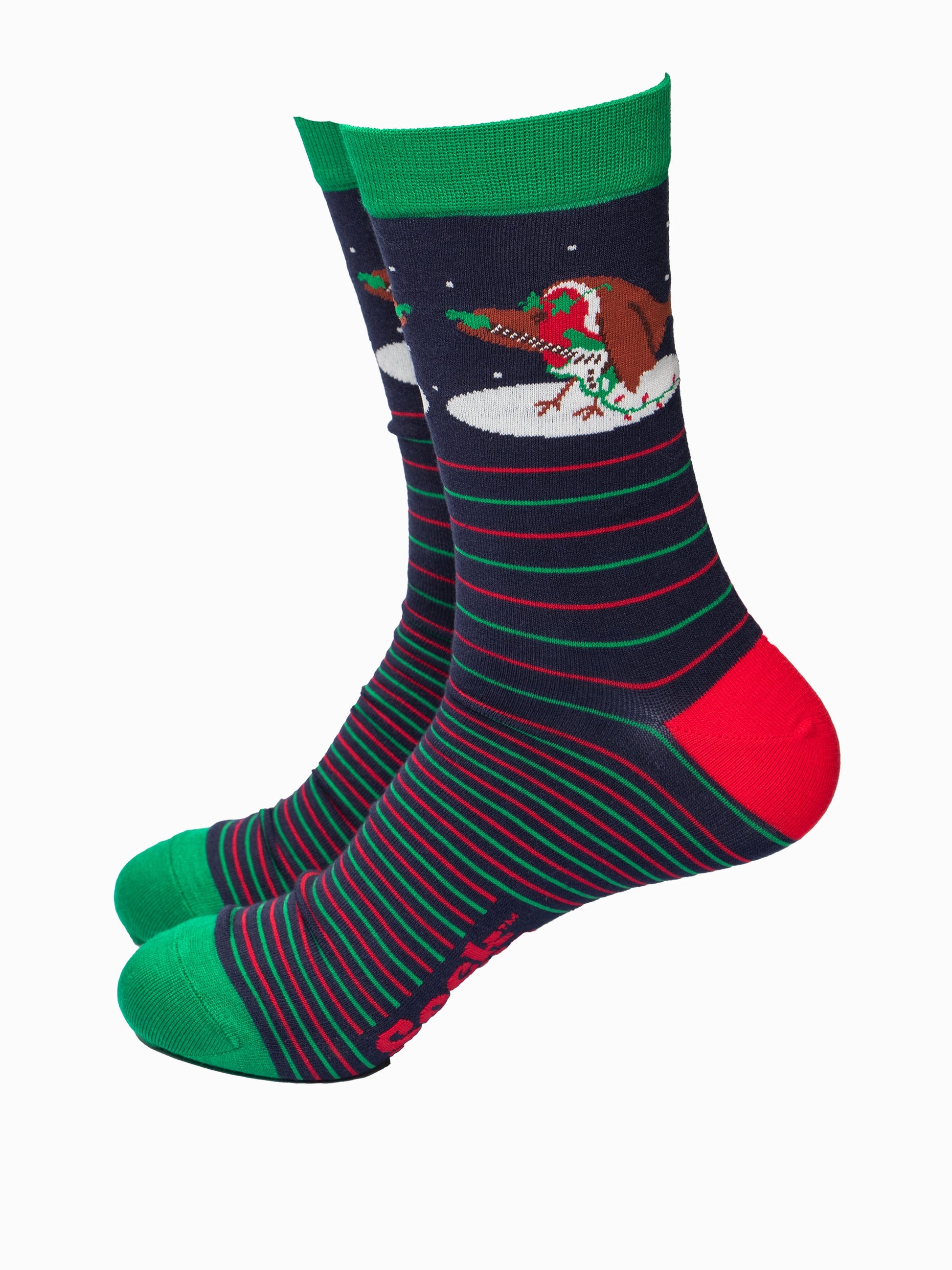 navy blue socks with green and red horizontal pin stripes, there is a red robin bird on the ankle playing an electric guitar