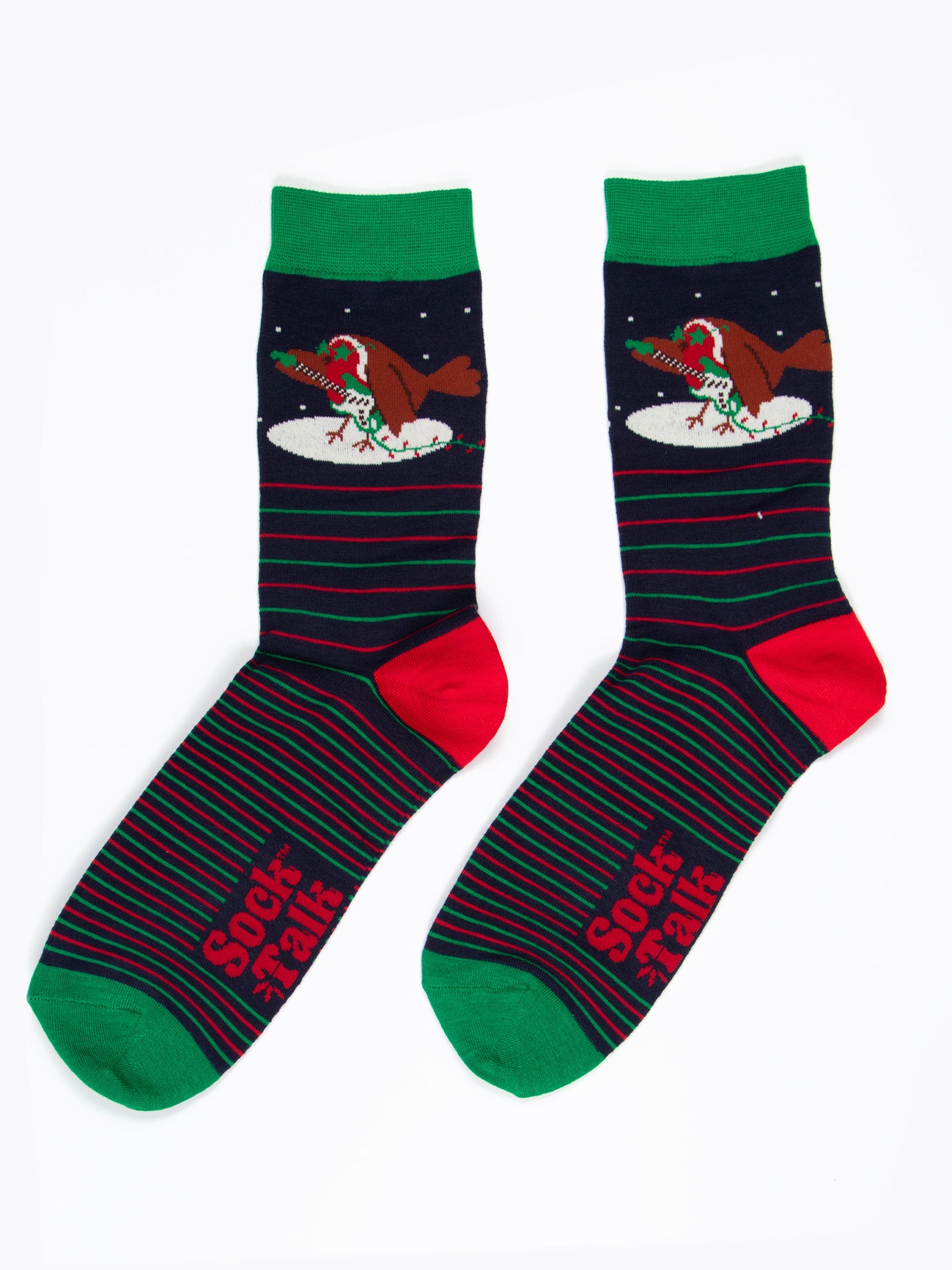 rockin robin socks laying flat, showing the horizontal pin stripes and the guitar playing red robin