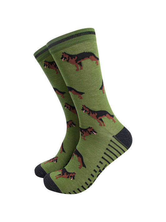 mens-bamboo-socks-green-alsatian-german-shepherd-pattern-playful-dogs
