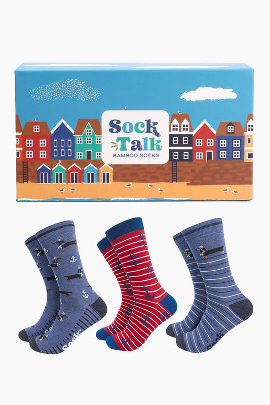 mens-bamboo-socks-gift-box-nautical-sausage-dogs-three-pairs-crew-socks-dachshunds
