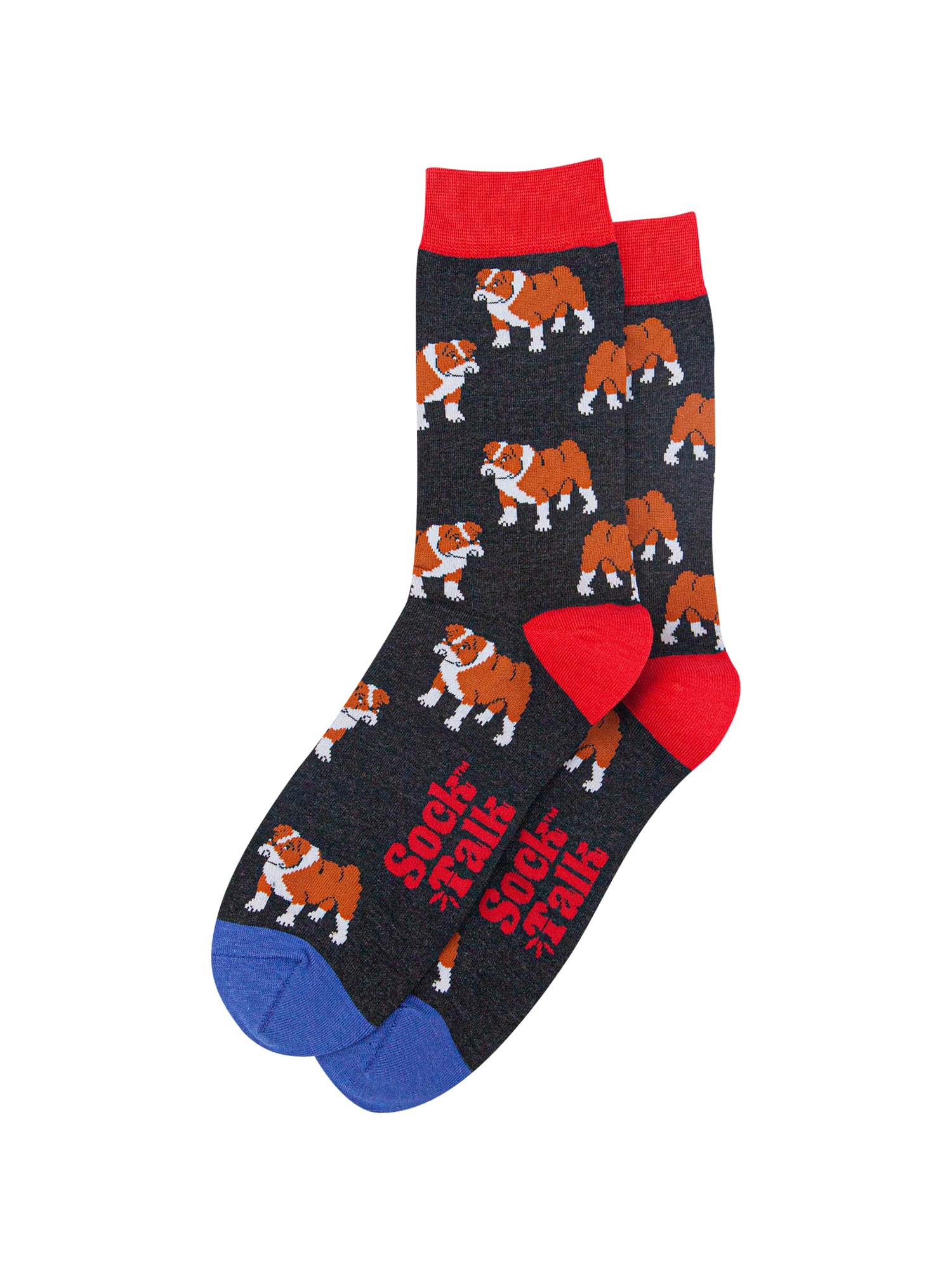 mens-bamboo-socks-black-bulldog-laying-flat-all-over-bull-dog-pattern-brown-white