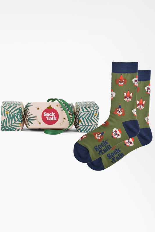 Men's Bamboo Crew Socks Christmas Cracker Gift Box -  Green/Navy Blue, Party Dogs