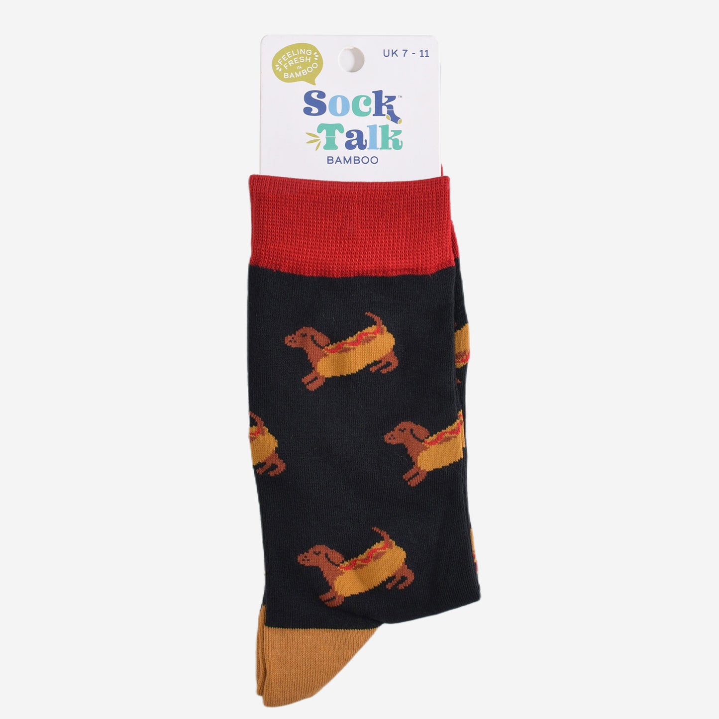 sausage dog hotdog socks in their sock talk packaging, the socks are a uk size 7-11