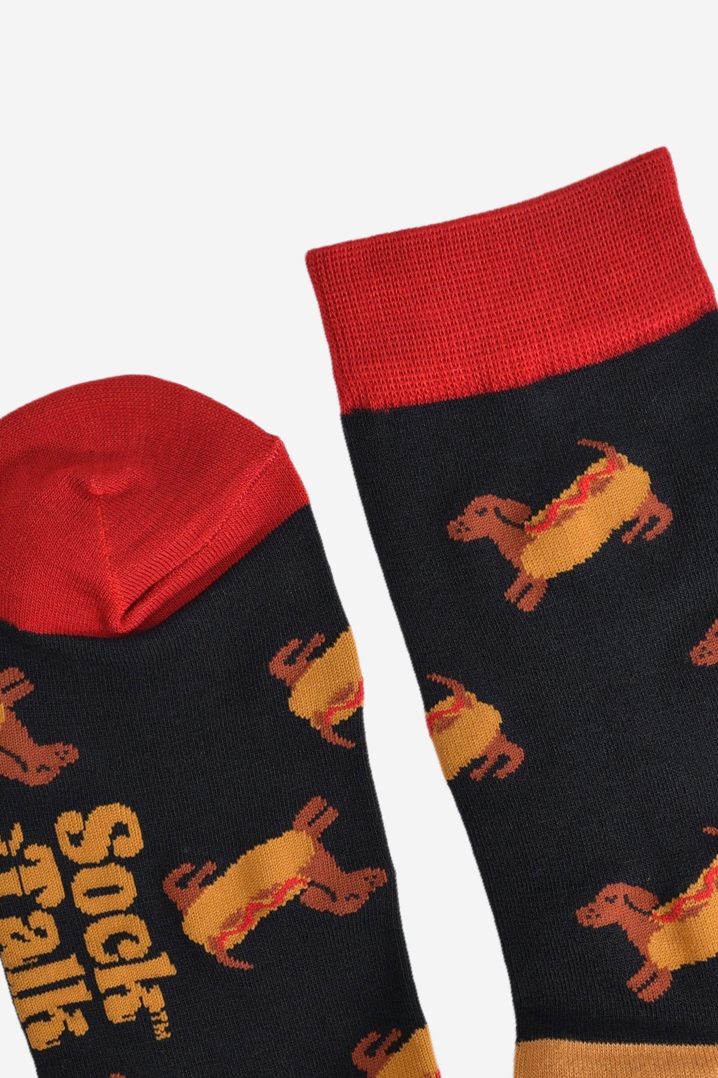 close up of the sausage dogs wearing a hotdog bun on the socks