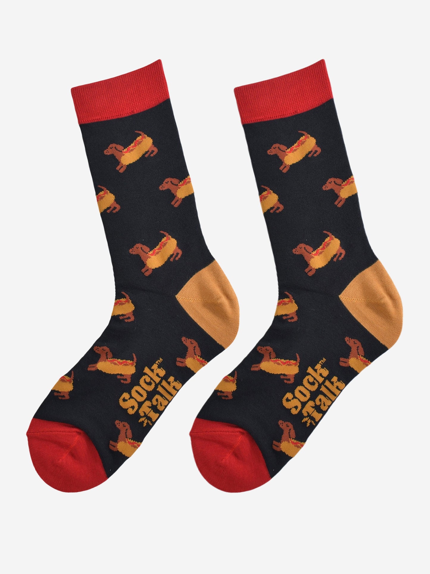 black hotdog sausage dog bamboo socks laying flat, showing the all over pattern