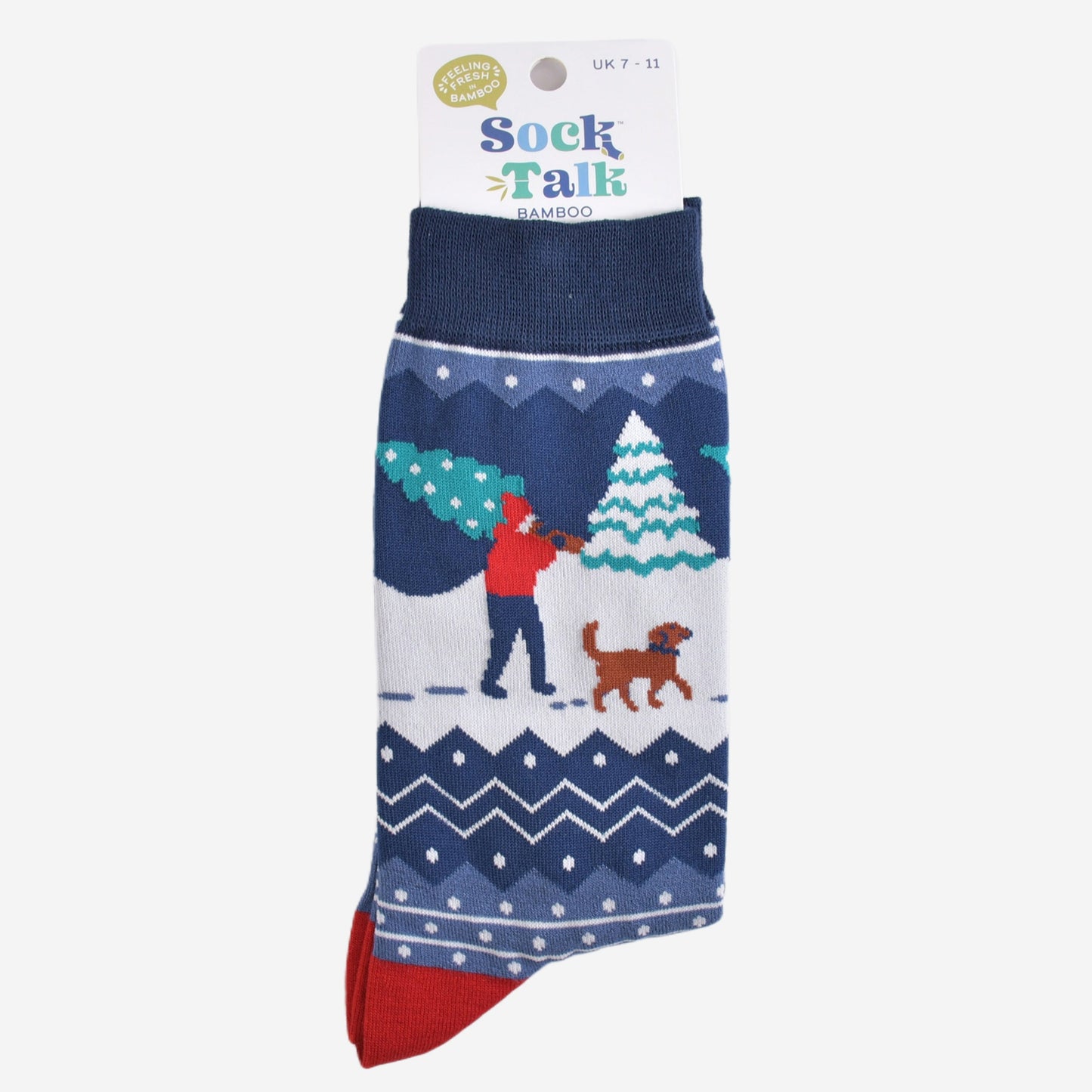 christmas man and dog bamboo socks in their sock talk packaging, these socks are a uk size 7-11