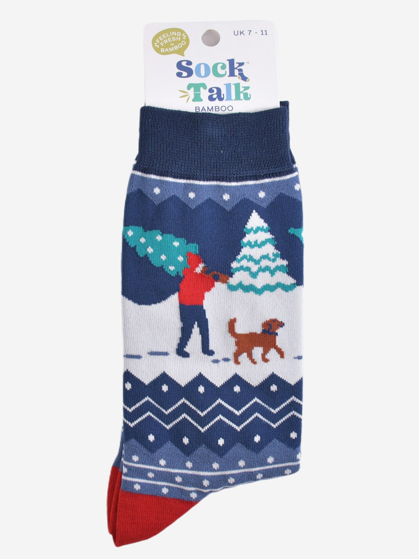 christmas man and dog bamboo socks in their sock talk packaging, these socks are a uk size 7-11