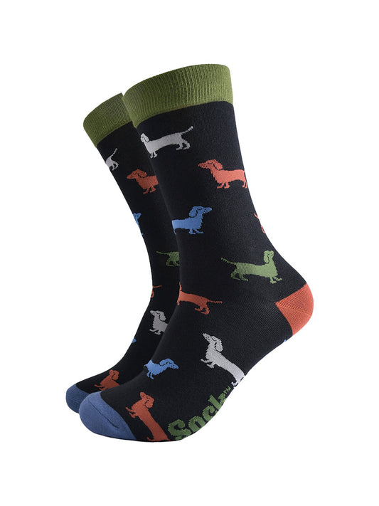black socks with an all over pattern of mutlicoloured sausage dogs